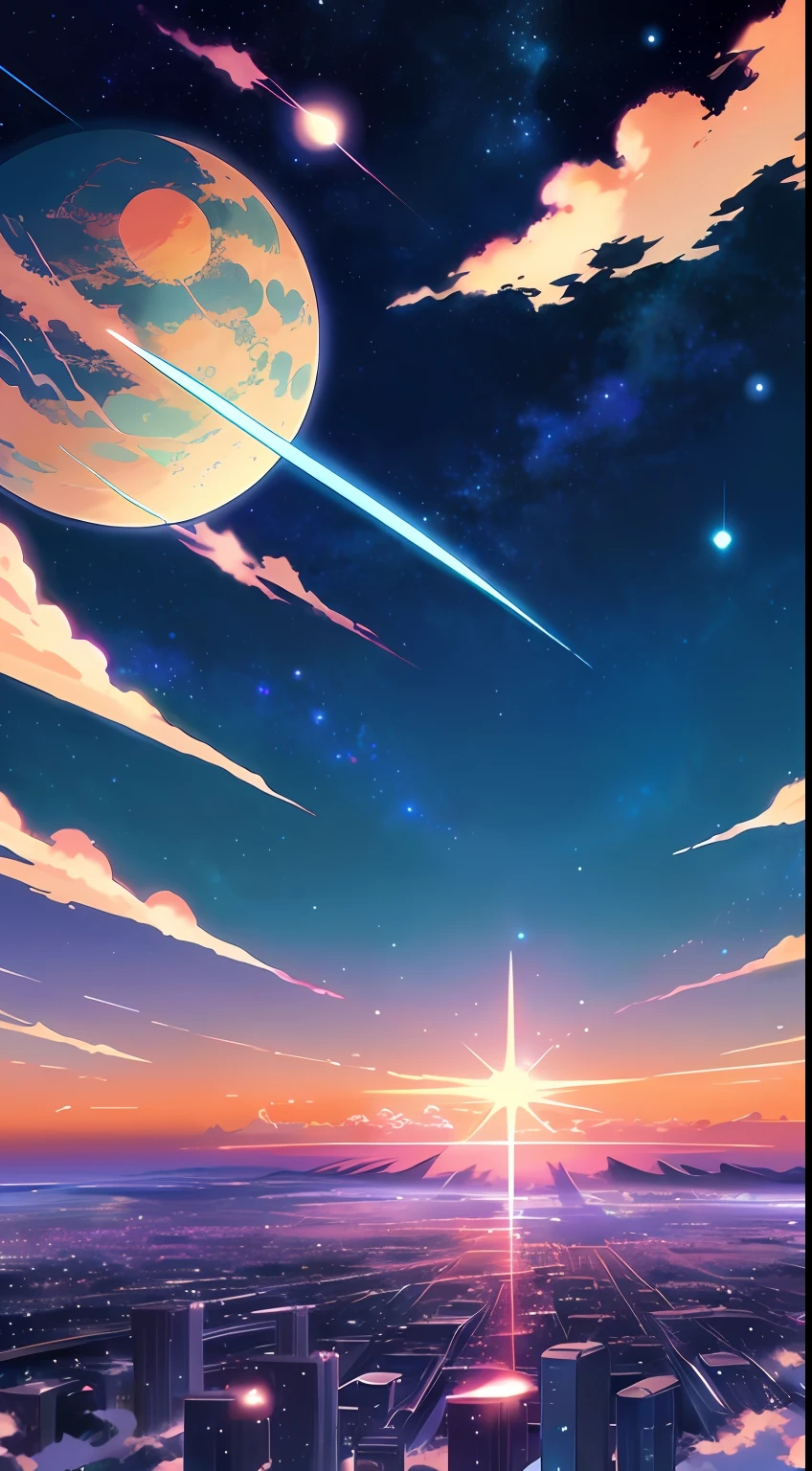 anime - style scene of a beautiful sky with a star and a planet, cosmic skies. by makoto shinkai, anime art wallpaper 4k, anime art wallpaper 4 k, anime art wallpaper 8 k, anime wallpaper 4k, anime wallpaper 4 k, 4k anime wallpaper, anime sky, amazing wallpaper, anime background, heaven planet in background, anime background art