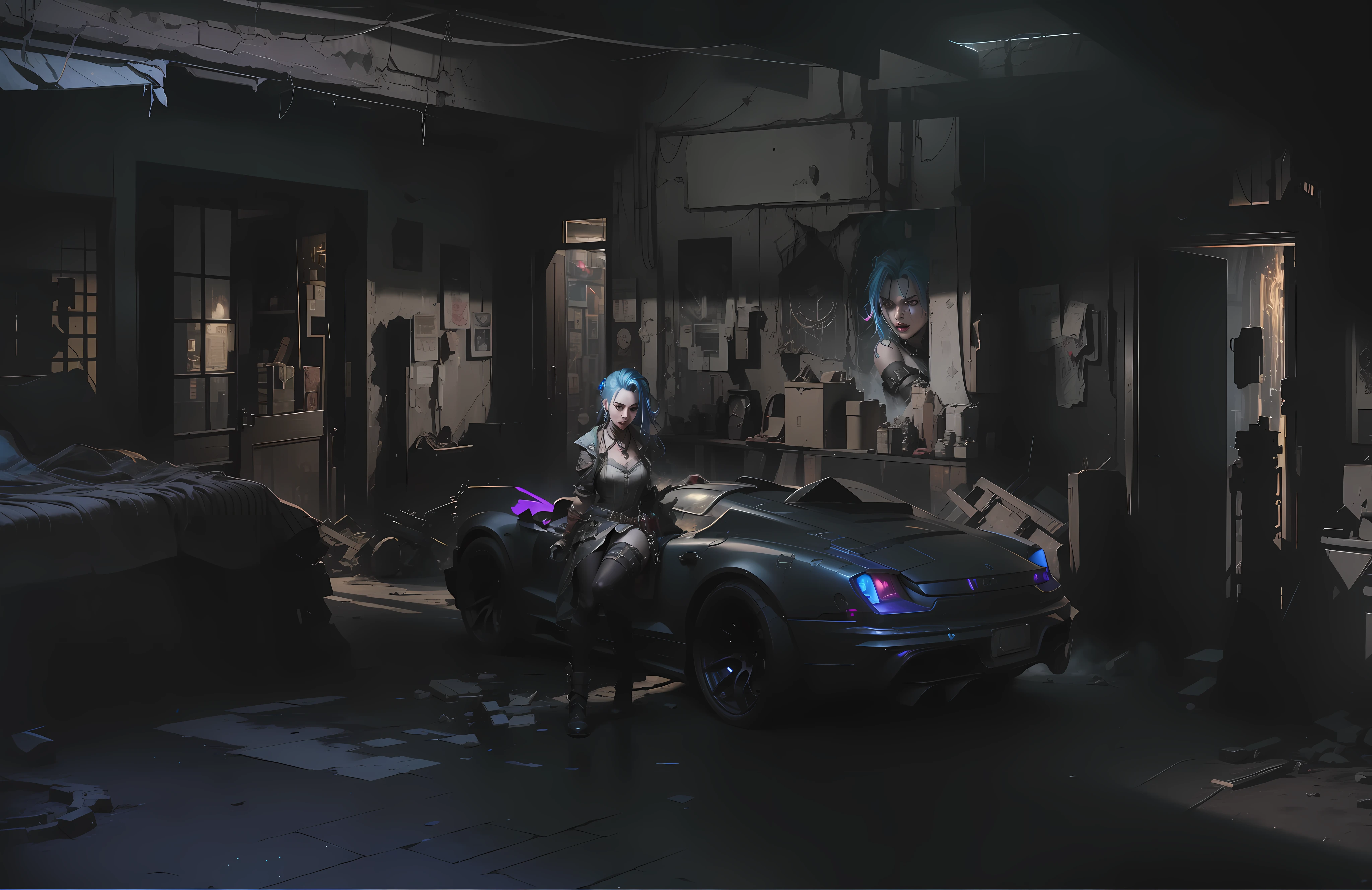 ((Best quality)), ((masterpiece)), (highly detailed:1.3), 3D, arcane style,In the dark and courageous dystopian city of Piltover, plagued by violence and divided into two opposing factions, a young prodigy named Jinx emerges. Having endured unimaginable loss and abandonment, she embraced a life of chaos and destruction. Known for her inventive and explosive abilities, Jinx becomes an icon of rebellion against the oppressive forces that control the city. However, haunted by guilt and battling inner demons, she must confront her past and decide whether to continue on the path of anarchy or seek redemption amid the turmoil. Explore Jinx's journey as she navigates a treacherous world, fighting for survival, unlocking secrets, and discovering the true meaning of her twisted existence, chaos reigns supreme, and at the center of it all is Jinx, the embodiment of unpredictability. Delve deep into Jinx's twisted mind, exploring the origins of his madness and the driving force behind his destructive nature. Unravel the moments that shaped her into the crazed, iconic character we know. Take us on a wild journey through the vibrant streets of Piltover and the shadowy suburb of Zaun as Jinx wreaks havoc with his explosive nal. Can redemption find its way into Jinx's fractured soul? Or will she dance forever on the edge of sanity, embracing the chaos that fuels her very existence? Arcane's fate hangs in the balance as Jinx's path intertwines with unlikely allies and formidable enemies. Ignite your imagination and paint a vivid portrait of Jinx's distorted psyche, capturing the essence of her madness and the indomitable spirit that defines it, HDR (High Dynamic Range), Ray Tracing, NVIDIA RTX, Super-Resolution, Unreal 5, Subsurface Scatng, PBR Texturing, Post-processing, Anisotropic Filtering, Depth of Field, Maximum Clarity and Sharpness, Multit Textures