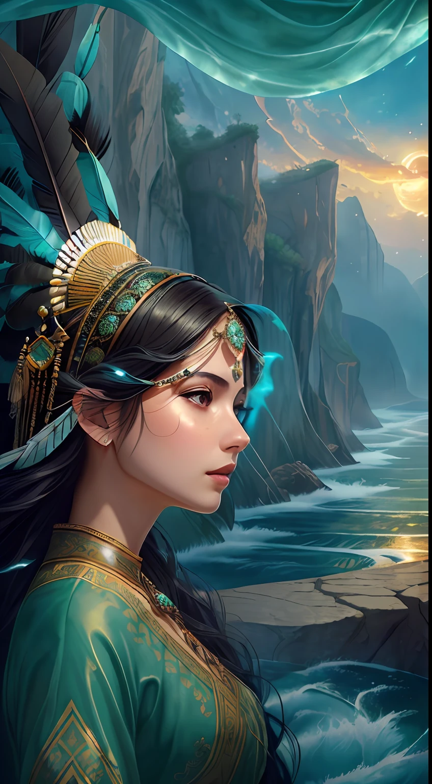 (highest quality, award-winning, masterpiece: 1.5), ultra-high resolution, (a fair-skinned girl: 1.2), long black hair, long hair floating (gorgeous face), calm, green long dress, turquoise, tribal ornaments, (feathers in hair: 0.4), headdress: 0.33, emerald, obsidian, detailed clothes, realistic skin texture, (floating particles, water swirls, embers, rituals, whirlwinds, wind: 1.2), clear focus, volumetric lighting, good highlights, good shadows, subsurface scattering, complex, highly detailed, ((film)), dramatic, (realism: 1.5), background canyon,