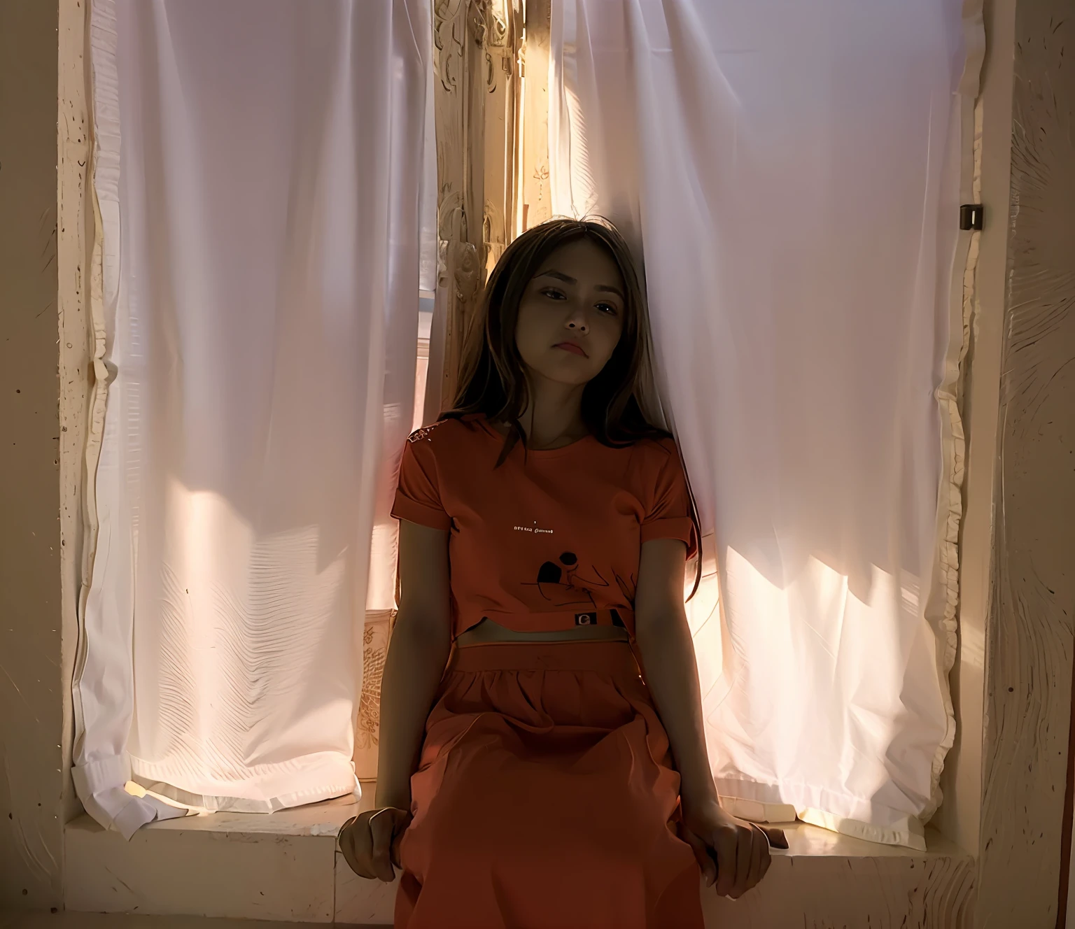 obra maestra, mejor calidad, Arafed Woman sitting on a windowsill in front of a curtain, You are approximately , Imagen de cuerpo entero, 11 years oldrop of natural light, standing in a dimly lit room, You are about 11 years old, You are ab old,remera manga corta, pan, full body photogenic shot, Pose casual