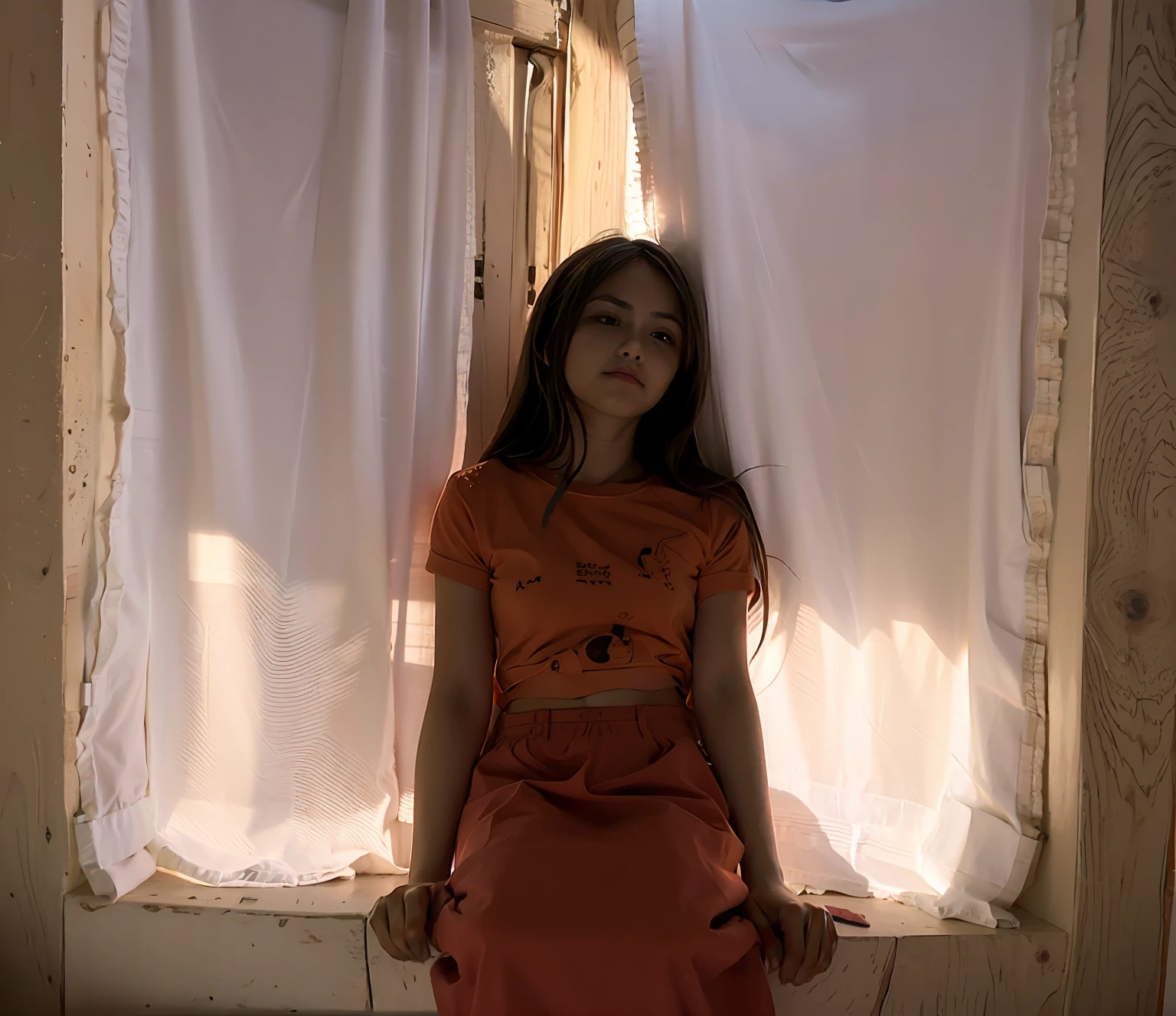 obra maestra, mejor calidad, Arafed Woman sitting on a windowsill in front of a curtain, You are approximately , Imagen de cuerpo entero, 11 years oldrop of natural light, standing in a dimly lit room, You are about 11 years old, You are ab old,remera manga corta, pan, full body photogenic shot, Pose casual