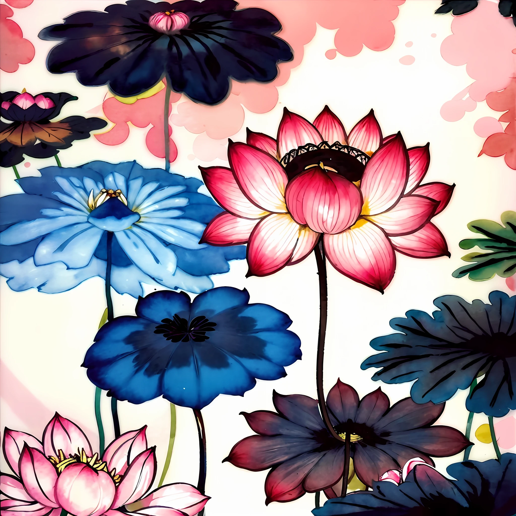 Chinese ink lotus flower shape,Fantastic watercolor illustration effect,A residual load,handpainted