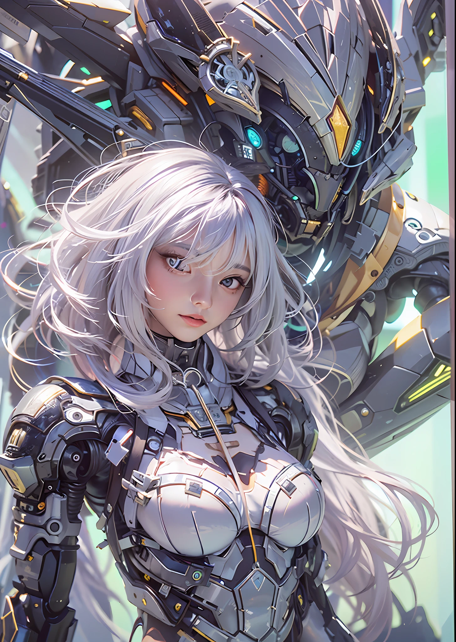 top-quality、​masterpiece、超A high resolution、(Photorealsitic:1.4)、Raw photo、Steampunk Battle Cyborg Angel、large wings made of metal、White porcelain body、Acrylic Clear Cover、white  hair、glowy skin、1 Cyborg Girl、((super realistic details))、portlate、globalillumination、Shadow、octan render、8K、ultrasharp、character edge light,Colossal tits、Raw skin is exposed in cleavage、Details of complex ornaments、Sumerian details、Hydraulic cylinder、Small LED lamp、highly intricate detail、Realistic light、a purple eye、radiant eyes、Facing the camera、neon details、cowboy  shot、Futuristic headgear、About Cyberpunk、、