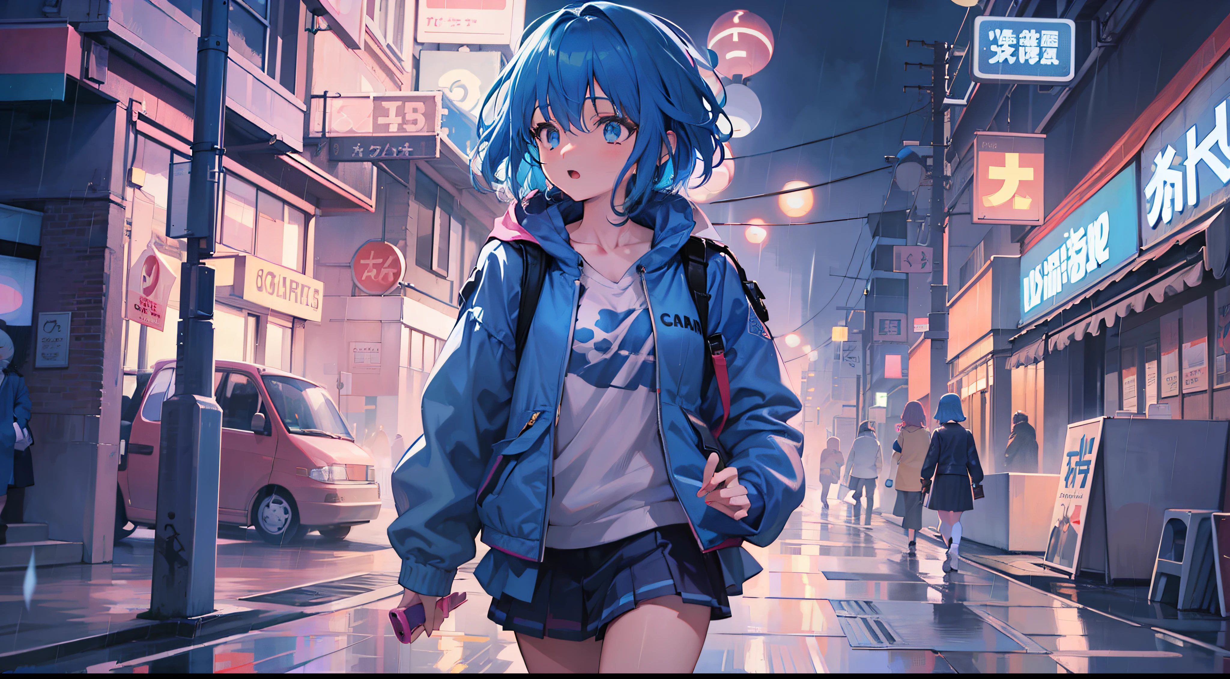 Anime girl walking down street in rain at night,, in the art style of 8 0 s anime, the anime girl is running, ' ramona flowers ', cosmic girl, style of anime4 K, 8 0 s anime art style, Praise Artstyle, official fanart, Anime style illustration