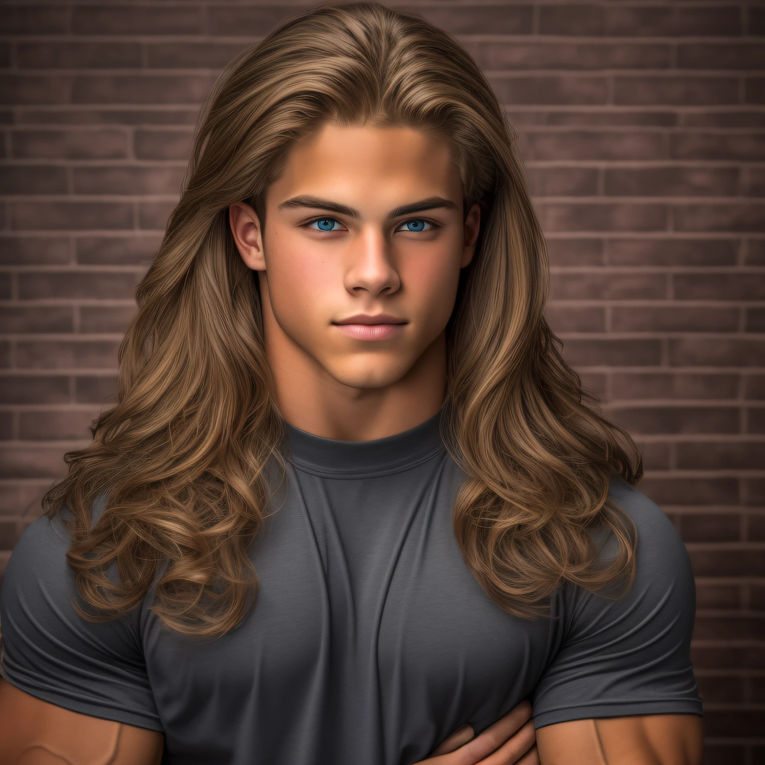 An 18-year-old boy bodybuilder, embodying the perfect fusion of Joey Lawrence and Cody Calafiore with long hair, exuding an aura of strength and confidence. Enhanced with HDR technology, this image depicts a true masterpiece, 4K resolution, yearbook photo