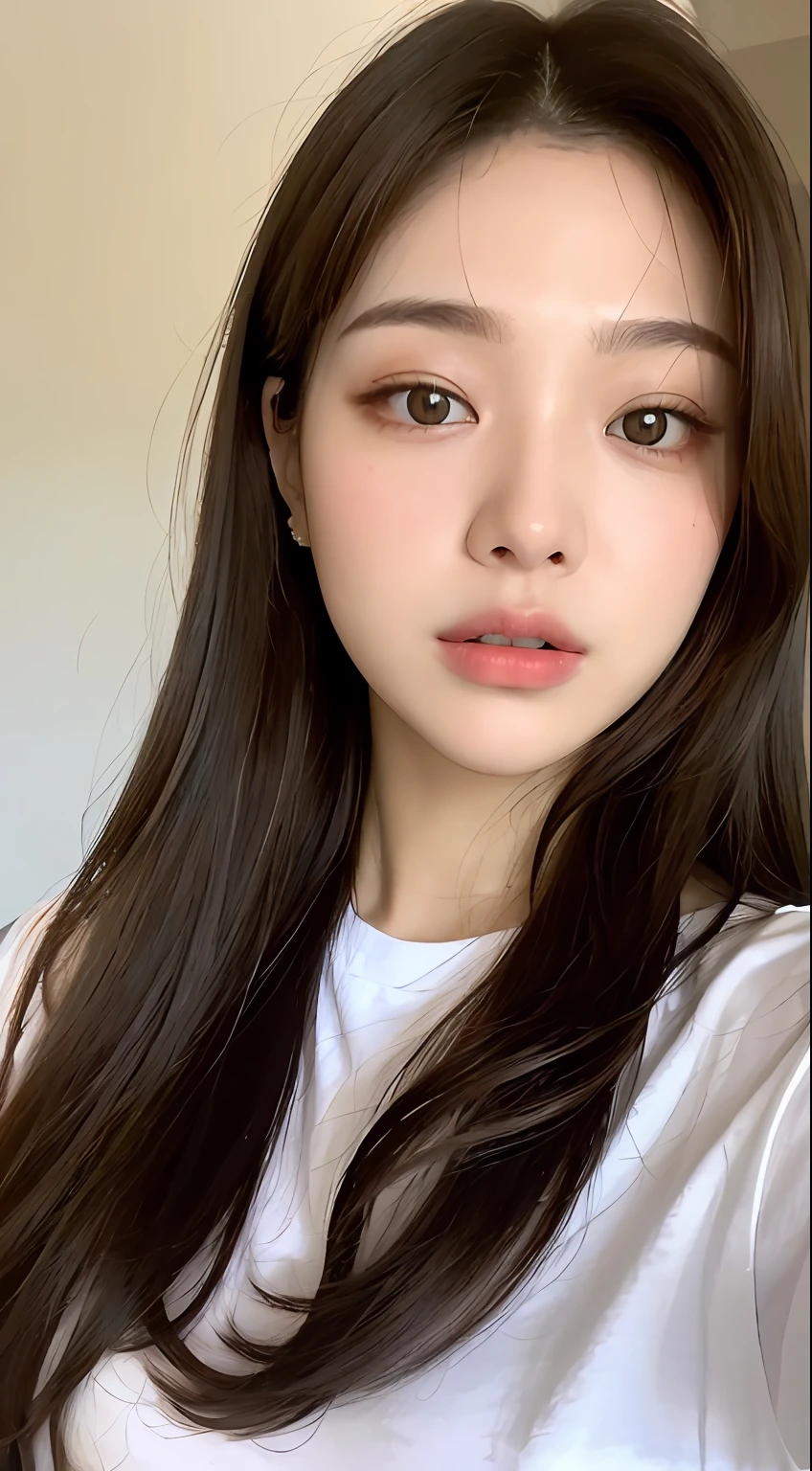 ((Realistic lighting, Best quality, 8K, Masterpiece: 1.3)), Clear focus: 1.2, 1girl, Perfect Figure: 1.4, Slim Abs: 1.1, ((Dark brown hair)), (white oversize t-shirt : 1.4), (home, daynight: 1.1), home,Super fine face, Fine eyes, Double eyelids, selfie