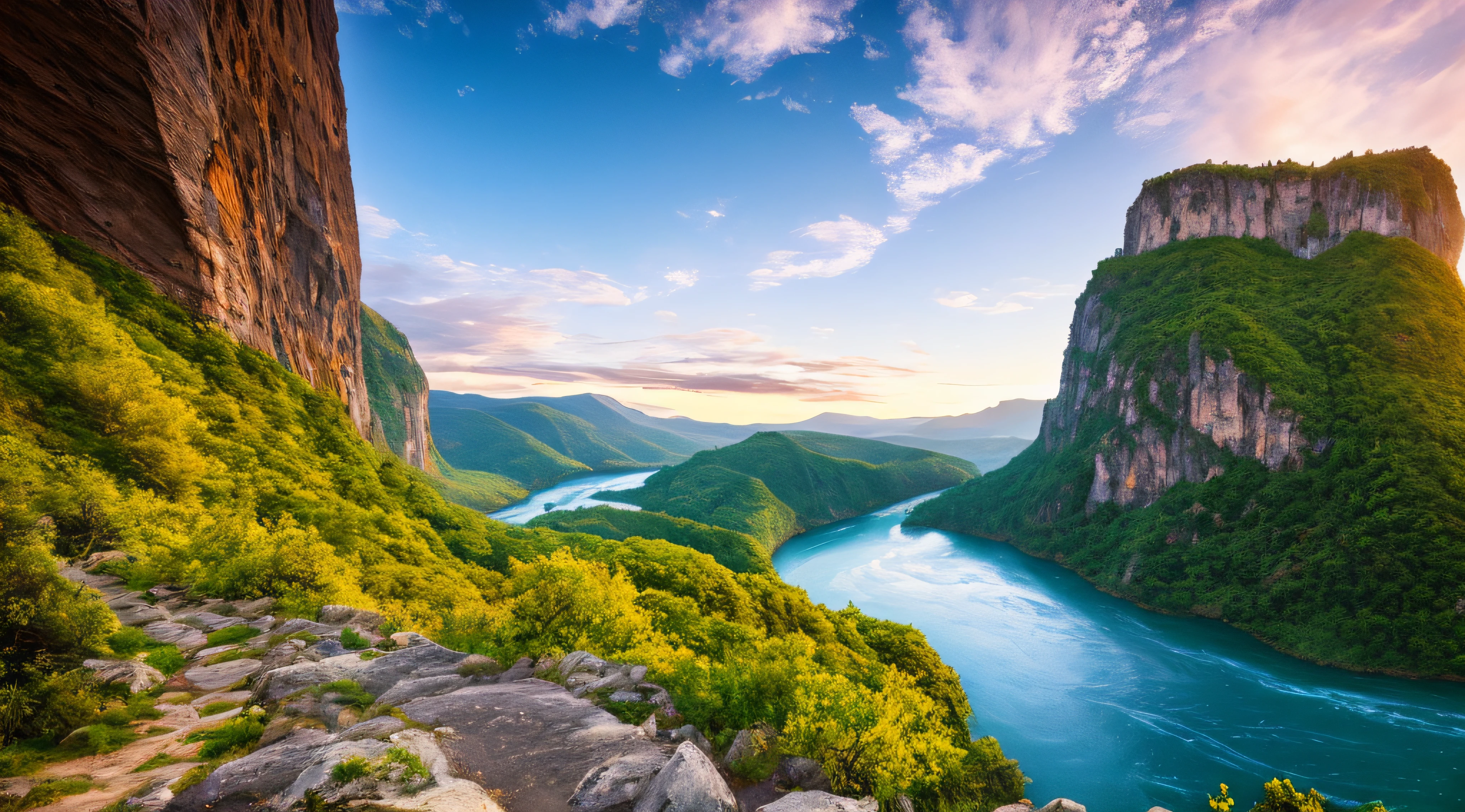 Masterpiece, ultimate quality, Cg unity 8k wallpaper, super delicate, beautiful sky and clouds, rich natural scenery, cliffs, lakes and rivers, waterfalls and flying water, beautiful green mountains, no trace of people, excellent scenery, has already won a photo contest, background Blurring, full depth of field, HDR high dynamics, true restoration, intricate, extreme details, dramatic presentation, perfectly presenting the style of midjourney art.