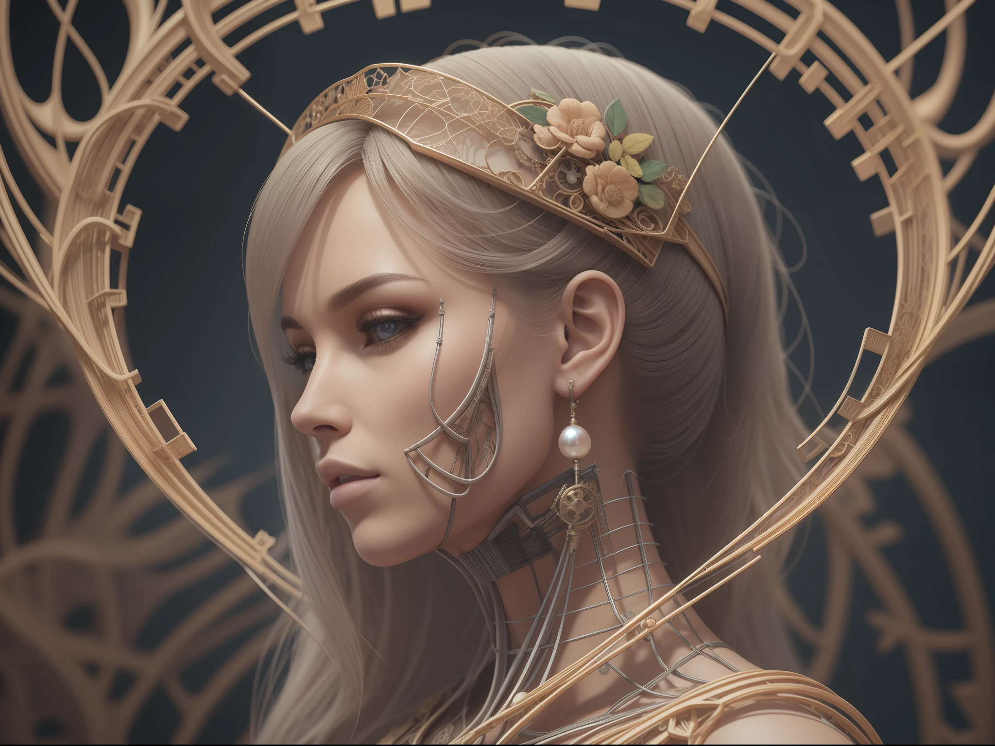 complex 3d render ultra detailed of a beautiful porcelain profile kim kardashians face , biomechanical cyborg, analog, 150 mm lens, beautiful natural soft rim light, big leaves and stems, roots, fine foliage lace, colorful details, massai warrior, Alexander Mcqueen high fashion haute couture, pearl earring, art nouveau fashion embroidered, steampunk, intricate details, mesh wire, mandelbrot fractal, anatomical, facial muscles, cable wires, microchip, elegant, hyper realistic, ultra detailed, octane render, H.R. Giger style, volumetric lighting, 8k post-production