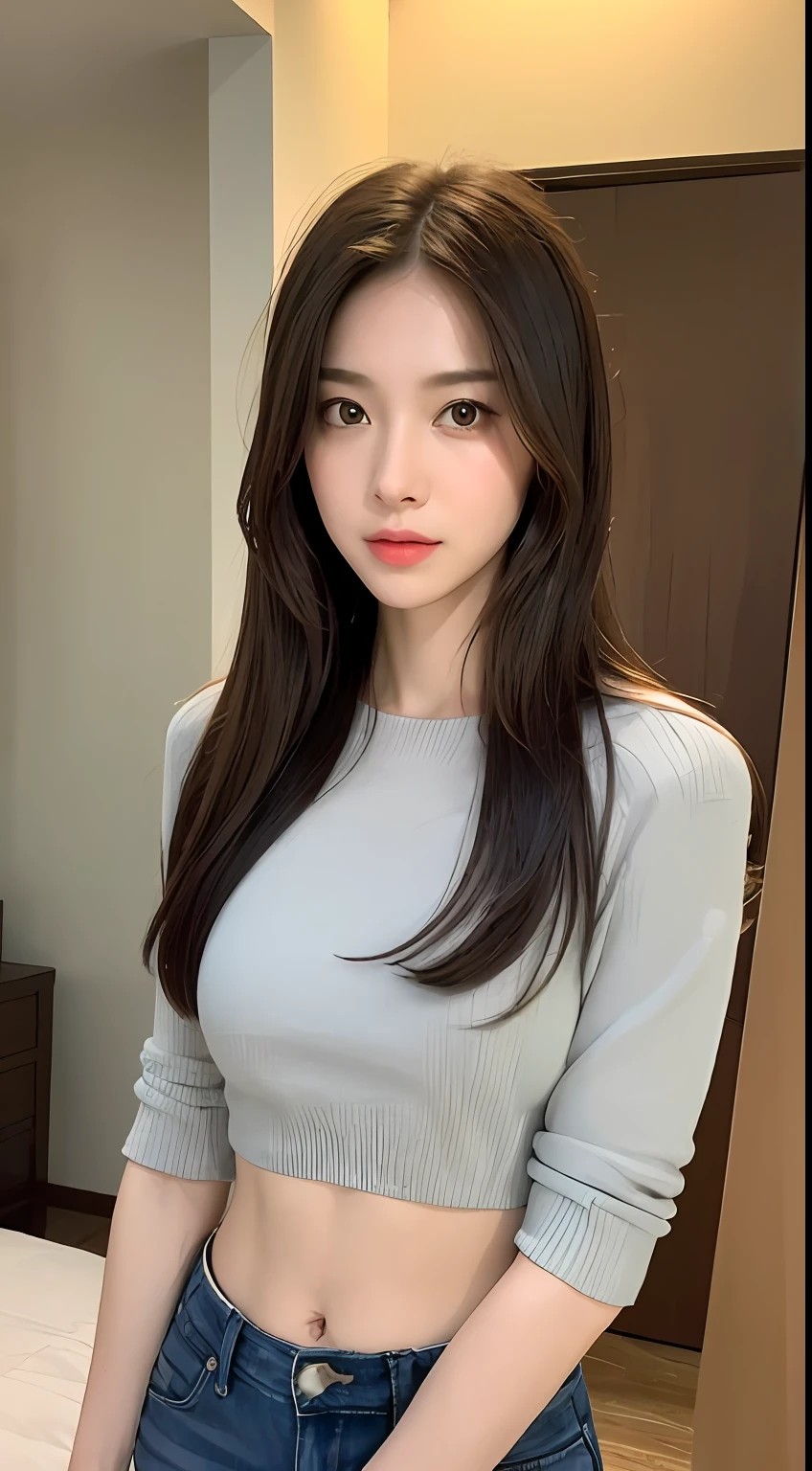top-quality、超A high resolution、(photoRealstic:1.4)1girl in、Beautiful woman with accentuated slim abs:1.3、casual clothing:1.2、interiors、Super Detail Face、Delicat eyes、二重まぶた、