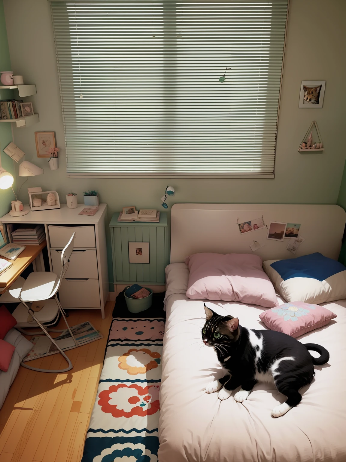 There is a bed in the bedroom，There is a kitten on it, Small room, cute room, cozy room, apartment of an art student, small room in tokyo, small bedroom, clean room, in small room, small and cosy student bedroom, studyng in bedroom, designed for cozy aesthetics!, a room, cozy environment, A bright room, 9 0 s bedroom