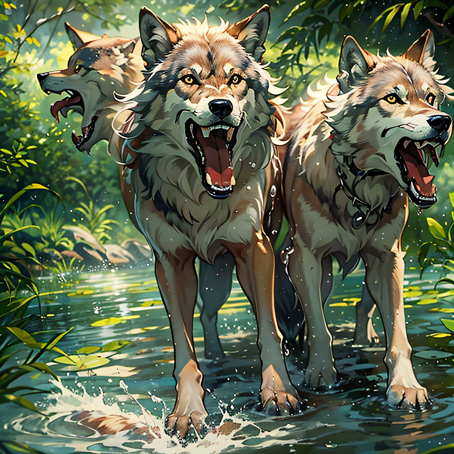 3 wolves，Swim in the pond，Fang，Fierce，mouth drool，delicated，tmasterpiece，A high resolution