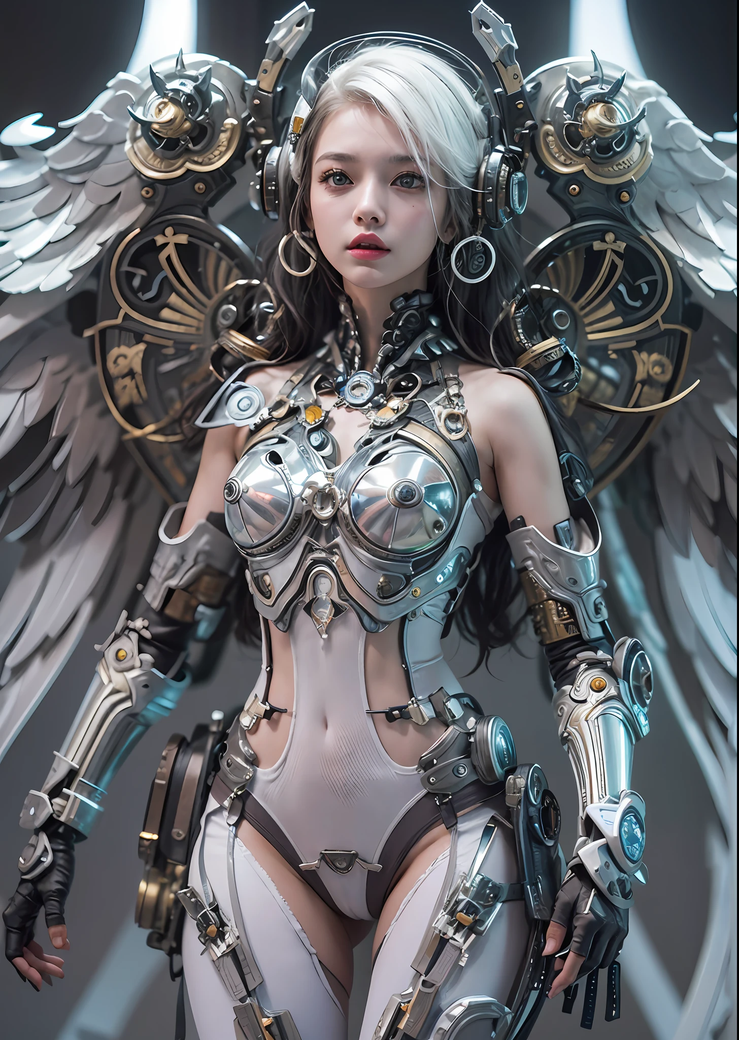 top-quality、​masterpiece、超A high resolution、(Photorealsitic:1.4)、Raw photo、Steampunk Battle Cyborg Angel、large wings made of metal、White porcelain body、white  hair、glowy skin、1 Cyborg Girl、((super realistic details))、portlate、globalillumination、Shadow、octan render、8K、ultrasharp、character edge light,Colossal tits、Raw skin is exposed in cleavage、Details of complex ornaments、Acrylic Clear Cover、Sumerian details、Hydraulic cylinder、Small LED lamp、highly intricate detail、Realistic light、a purple eye、radiant eyes、Facing the camera、neon details、cowboy  shot、Futuristic headgear、About Cyberpunk、、