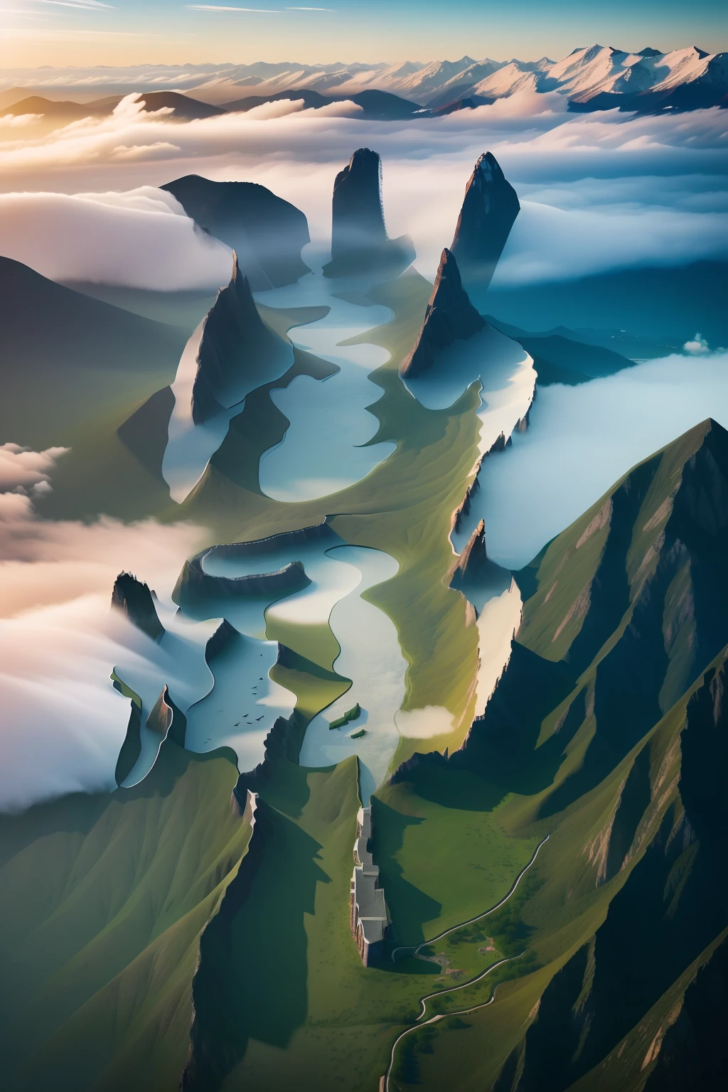 bird's eyes view,mountain peaks,rios,Meandering,Clouds,(Complicated details),hdr,(Complicated details,ultra - detailed:1.2),Cinema lenses,Vignette,at centre