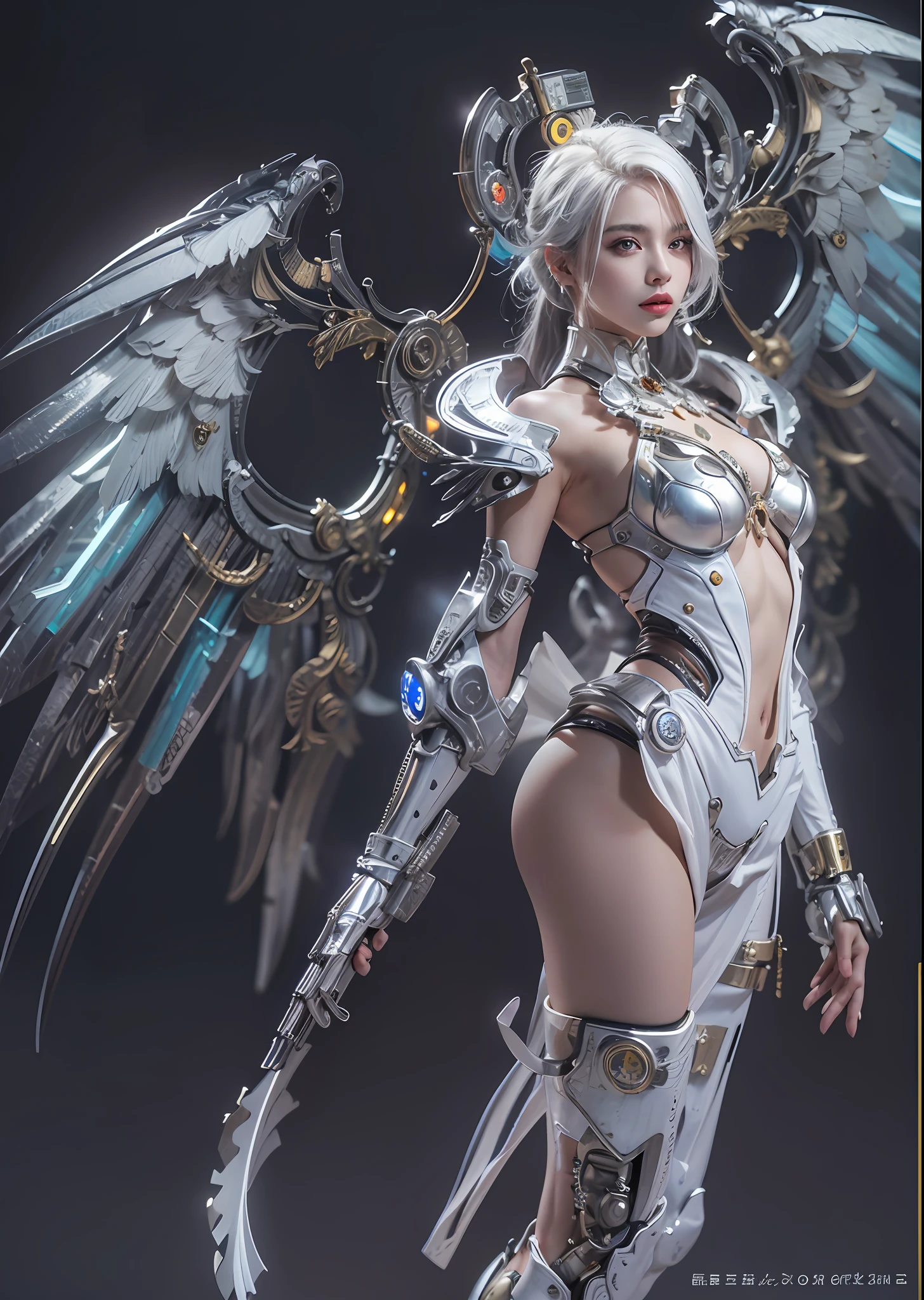 top-quality、masterpiece、超A high resolution、(Photorealsitic:1.4)、Raw photo、Steampunk Battle Cyborg Angel、large wings made of metal、White porcelain body、white hair、glowy skin、1 Cyborg Girl、((super realistic details))、portlate、globalillumination、Shadow、octan render、8K、ultrasharp、character edge light,Colossal tits、Raw skin is exposed in cleavage、Details of complex ornaments、Acrylic Clear Cover、Sumerian details、Hydraulic cylinder、Small LED lamp、highly intricate detail、Realistic light、a purple eye、radiant eyes、Facing the camera、neon details、cowboy shot、Futuristic headgear、About Cyberpunk、、