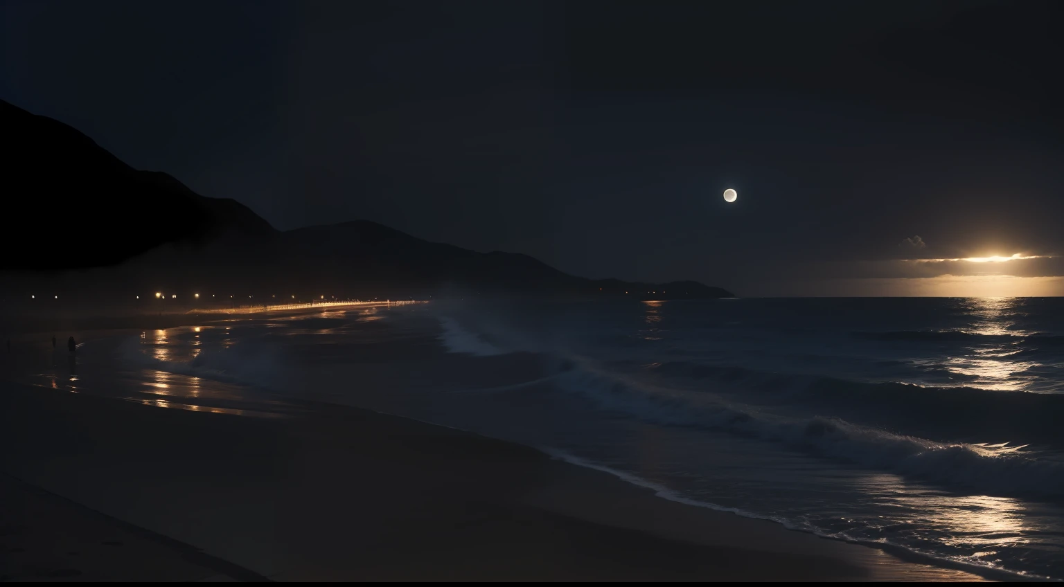 "(hombre triste:1.2, sentado en la playa, noche, ambiente misterioso, luz de luna, cinematic scene, penumbra)"
