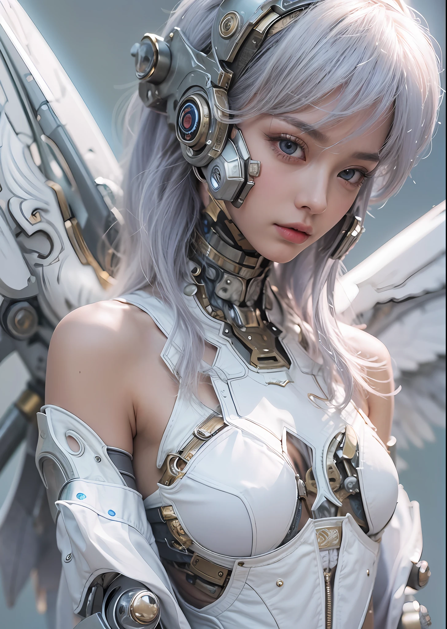 top-quality、masterpiece、超A high resolution、(Photorealsitic:1.4)、Raw photo、Steampunk Battle Cyborg Angel、large wings made of metal、White porcelain body、white hair、glowy skin、1 Cyborg Girl、((super realistic details))、portlate、globalillumination、Shadow、octan render、8K、ultrasharp、character edge light,Colossal tits、Raw skin is exposed in cleavage、Details of complex ornaments、Acrylic Clear Cover、Sumerian details、Hydraulic cylinder、Small LED lamp、highly intricate detail、Realistic light、a purple eye、radiant eyes、Facing the camera、neon details、cowboy shot、Futuristic headgear、About Cyberpunk、、