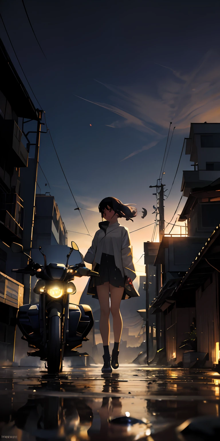 Vast landscape photos、A beautiful girl standing with a motorcycle in the background of a ruined city、puddle、Buildings eroded by nature、Watercolor wind、A scene from the BREAK story、 art by、(Warm color Light Source:1.2)、(fireflys:1.2)、Purple and green、intricate detailes、Volume Lighting BREAK (masterpiece:1.2)、(top-quality)、4k、ultra-detailliert、(The composition of the movement:1.4)、Highly detailed and colorful details(Irridescent color:1.2)、(glowing lighting、Atmospheric illumination)、dream-like、Magical、(独奏:1.2)