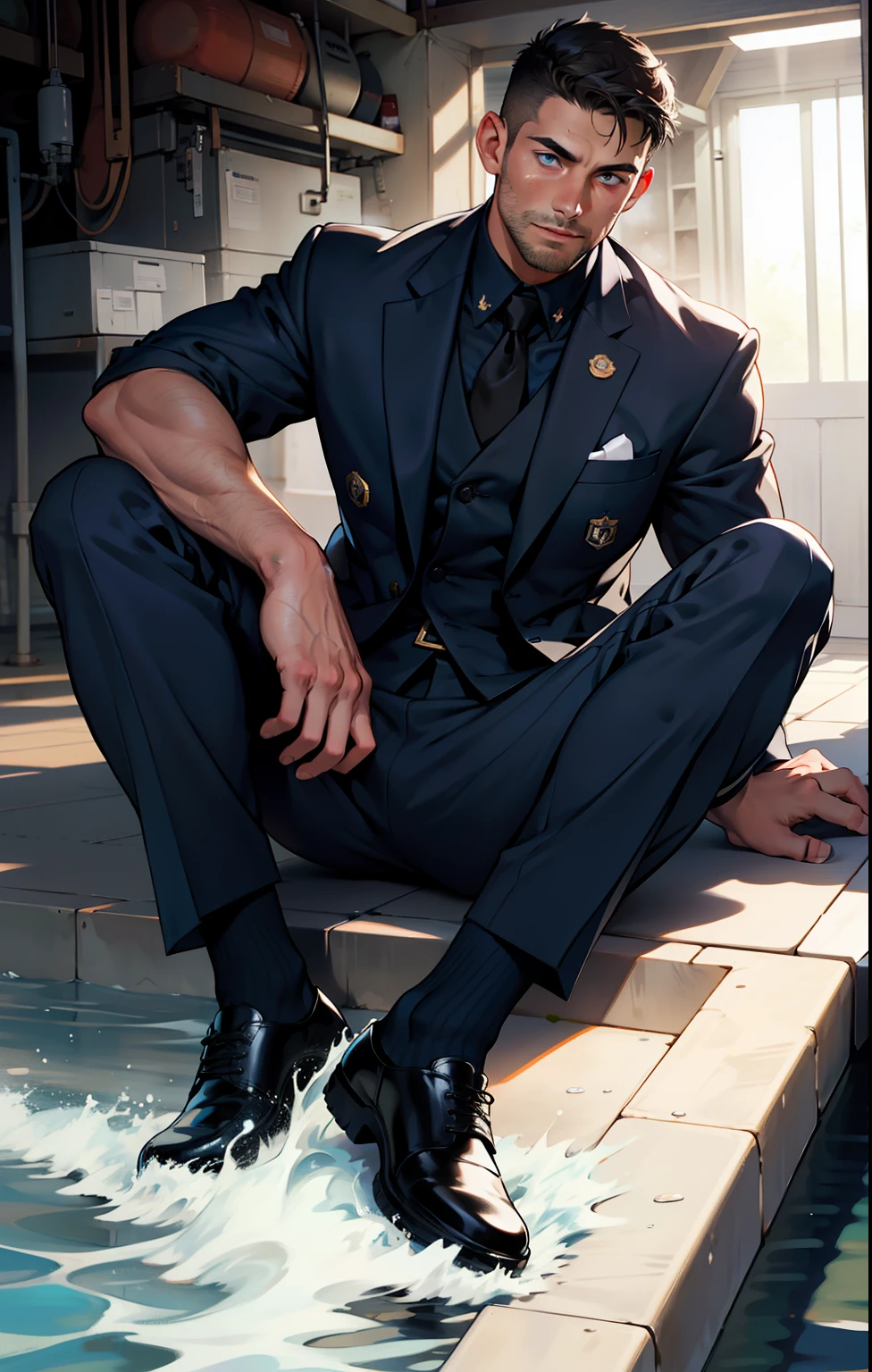masterpiece, best quality, face, natural eyes, 1man, european, big feet, black socks, (no shoes), full body, (in suits), large bulge, long legs, looking at viewer, 30 years old, muscled and mature, sea, a navy soldier, navy army, short haircut, sitting with legs streched, blue eyes, flush, organism, face covered with white fluids, sweating, tight cloth, erecting