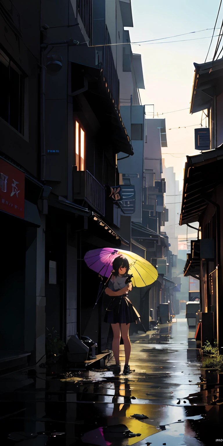 Vast landscape photos、A beautiful girl standing with a motorcycle in the background of a ruined city、puddle、Buildings eroded by nature、Watercolor wind、A scene from the BREAK story、 art by、(Warm color Light Source:1.2)、(fireflys:1.2)、Purple and green、intricate detailes、Volume Lighting BREAK (masterpiece:1.2)、(top-quality)、4k、ultra-detailliert、(The composition of the movement:1.4)、Highly detailed and colorful details(Irridescent color:1.2)、(glowing lighting、Atmospheric illumination)、dream-like、Magical、(独奏:1.2)