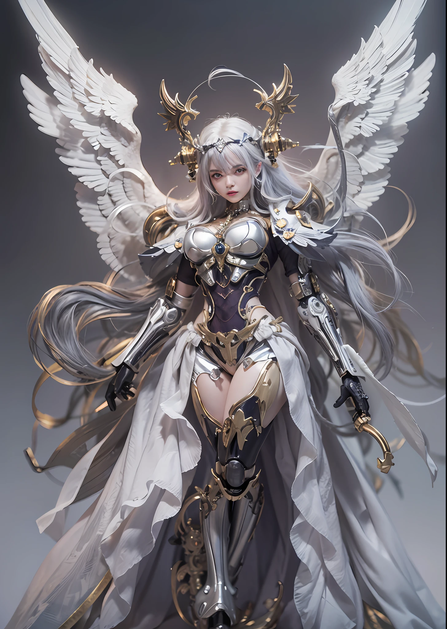 top-quality、​masterpiece、超A high resolution、(Photorealsitic:1.4)、Raw photo、Steampunk Battle Cyborg Angel、large wings made of metal、White porcelain body、white  hair、glowy skin、1 Cyborg Girl、((super realistic details))、portlate、globalillumination、Shadow、octan render、8K、ultrasharp、character edge light,Colossal tits、Raw skin is exposed in cleavage、Details of complex ornaments、Acrylic Clear Cover、Sumerian details、Hydraulic cylinder、Small LED lamp、highly intricate detail、Realistic light、a purple eye、radiant eyes、Facing the camera、neon details、cowboy  shot、Futuristic headgear、About Cyberpunk、、