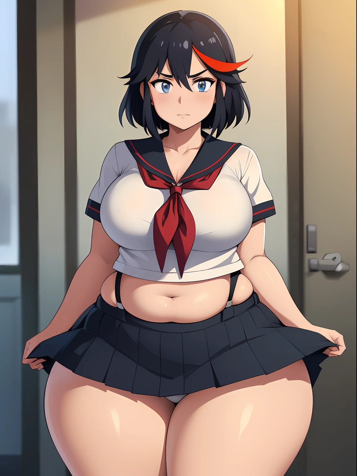 ((kipteitei)), ((masterpiece)), (((best quality))), ((ultra-detailed)), (((illustration))), detailed face, ultra cute face, detailed body, ((1girl)), ((solo)), matoi ryuuko, school uniform, black serafuku, skirt, looking at viewer, cowboy shot, blushing, standing in school hall, medium breasts, perky breasts, ((wide hips)), (((thick thighs))), (chubby), fat folds, belly hang, chubby belly,