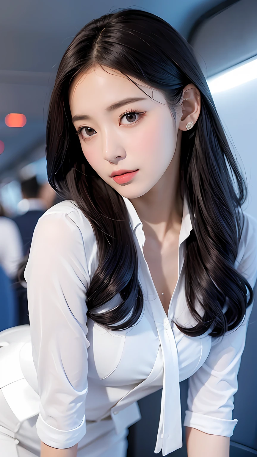 (best qualtiy,4K,tmasterpiece:1.2),Pretty women,1girll,Raised sexy:1.1,Dark black hair:1.1,Woman in flight attendant suit,Soaked flight attendant suit,Super detailed face,Detailed lips,A detailed eye,二重まぶた,White miniskirt white stockings,Stand up