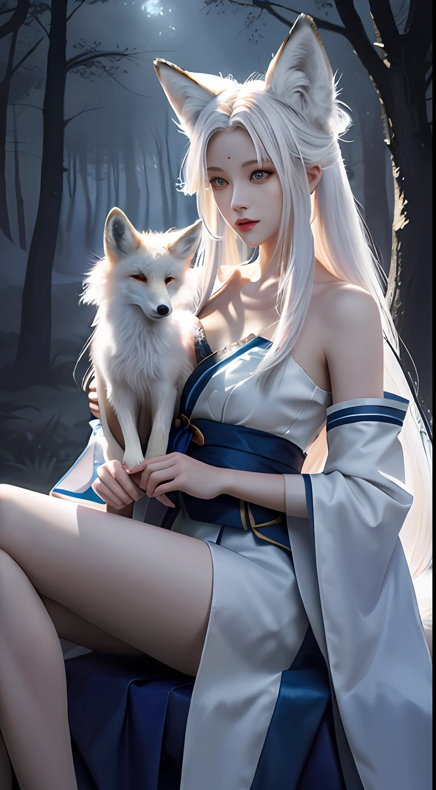 Fox ears white hair girl,full bodyesbian,Painting of a fox with white hair sitting on a branch,ethereal fox,nine tail fox,Fox three-tailed fox,Onmyoji detailed art,Nine tails,A beautiful artwork illustration,mythological creatures,red fox,Combat posture,Beautiful digital artwork,Exquisite digital illustration,mizutsune , Inspired by the mythical creature wildnet,Digital art on Pixiv,strong lights,hight contrast,Horror movie theme,Dark atmosphere