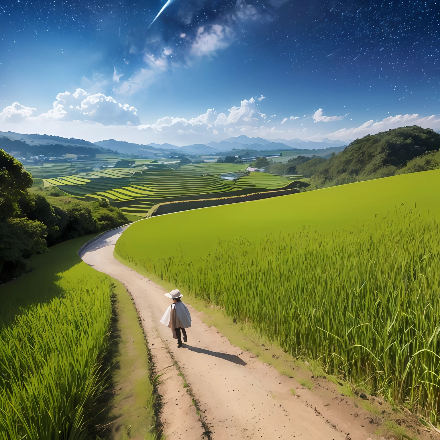 countryside、Walking alone on a ridge road in a rice field、Looking up at the night sky, the sky is full of stars、shoun、aquarelle
