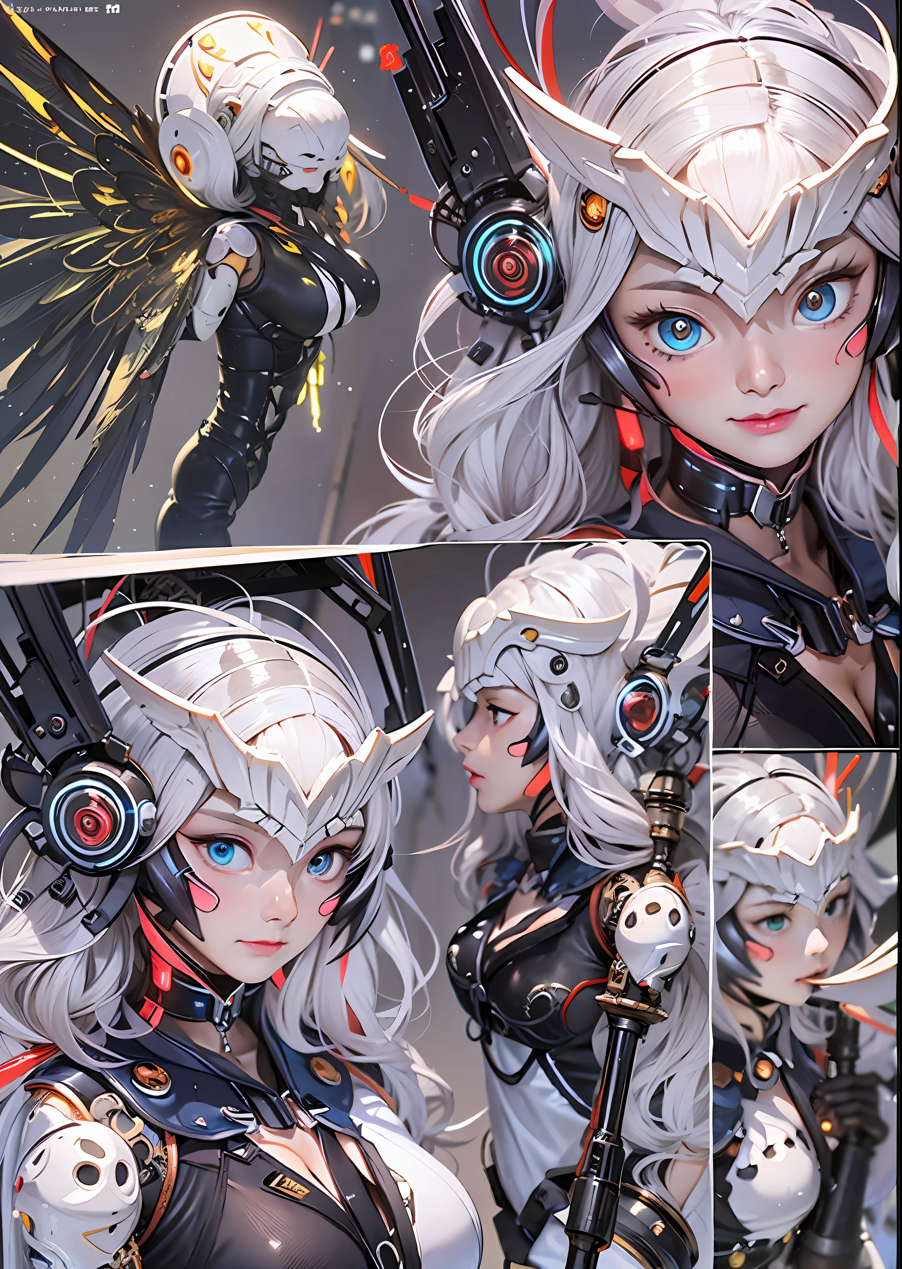 top-quality、masterpiece、超A high resolution、(Photorealsitic:1.4)、Raw photo、Steampunk Battle Cyborg Angel、large wings made of metal、White porcelain body、Acrylic Clear Cover、white hair、glowy skin、1 Cyborg Girl、((super realistic details))、portlate、globalillumination、Shadow、octan render、8K、ultrasharp、character edge light,Colossal tits、Raw skin is exposed in cleavage、Details of complex ornaments、Sumerian details、Hydraulic cylinder、Small LED lamp、highly intricate detail、Realistic light、a purple eye、radiant eyes、Facing the camera、neon details、cowboy shot、Futuristic headgear、About Cyberpunk、、