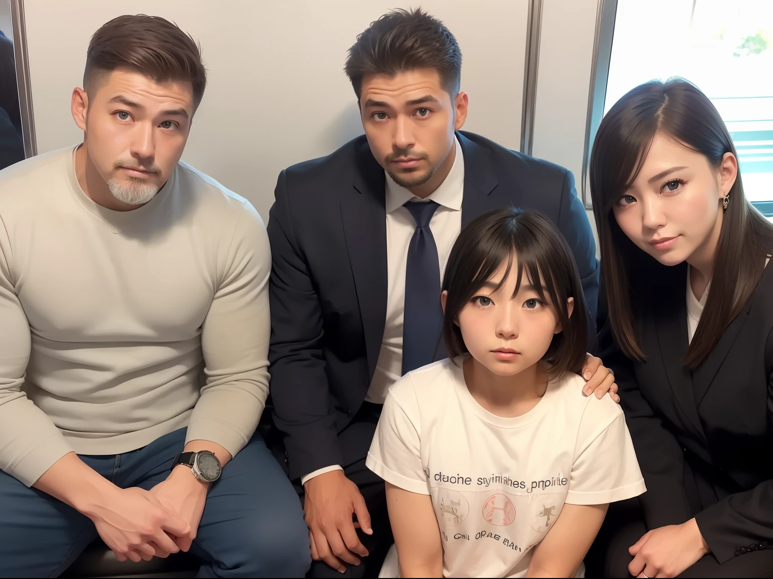 realisticlying, best qualtiy, tmasterpiece, 3 people, Delicate eyes, Detailed face, Inside a Japanese train, Single mature male, tall muscular guy, lbeard, fireman, Female physical education teacher