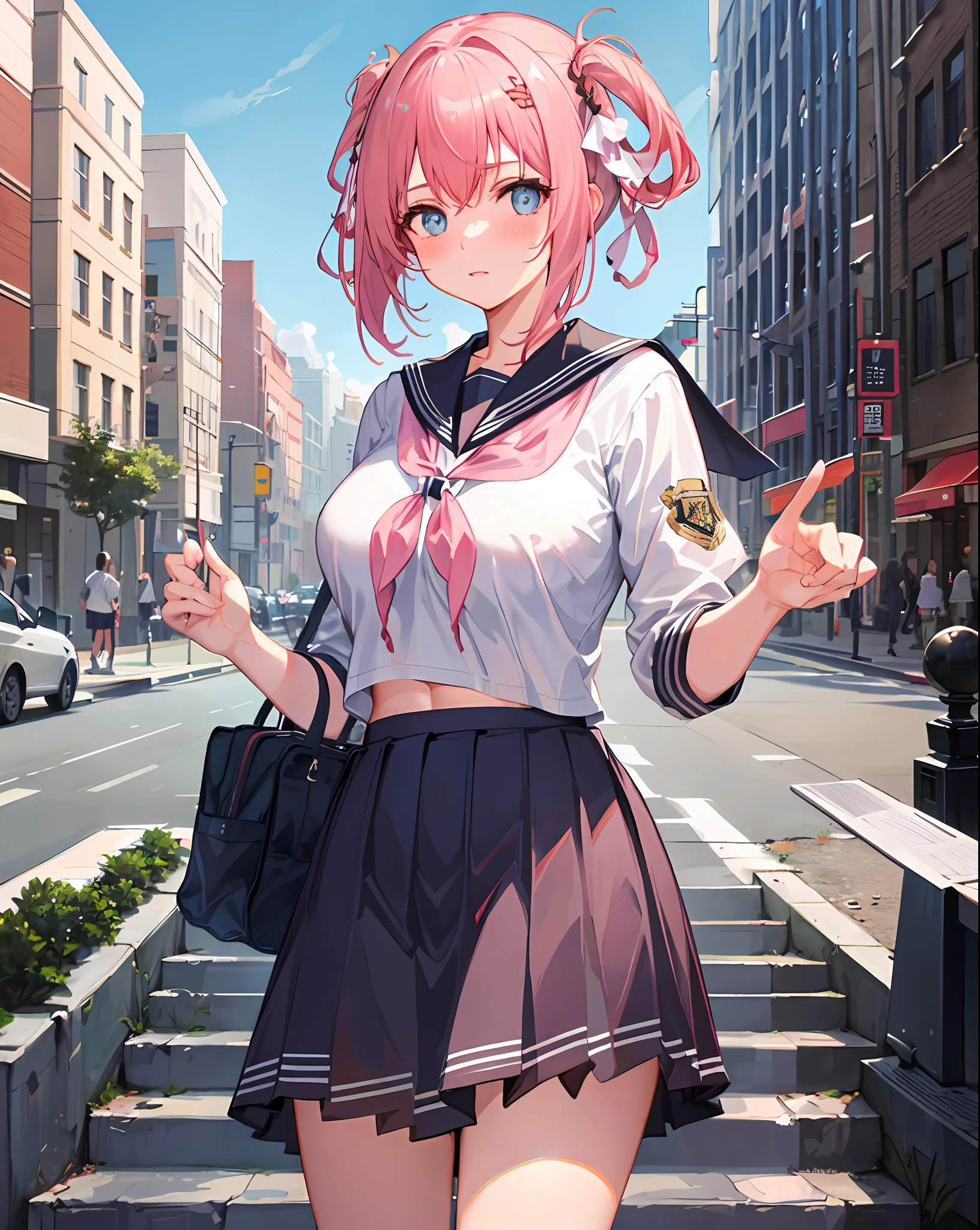 1girll,Large breasts,
Outdoors,Cityscape, street,standing,Cowboy shot,
((school uniform)), serafuku,
Blush, (long whitr hair)