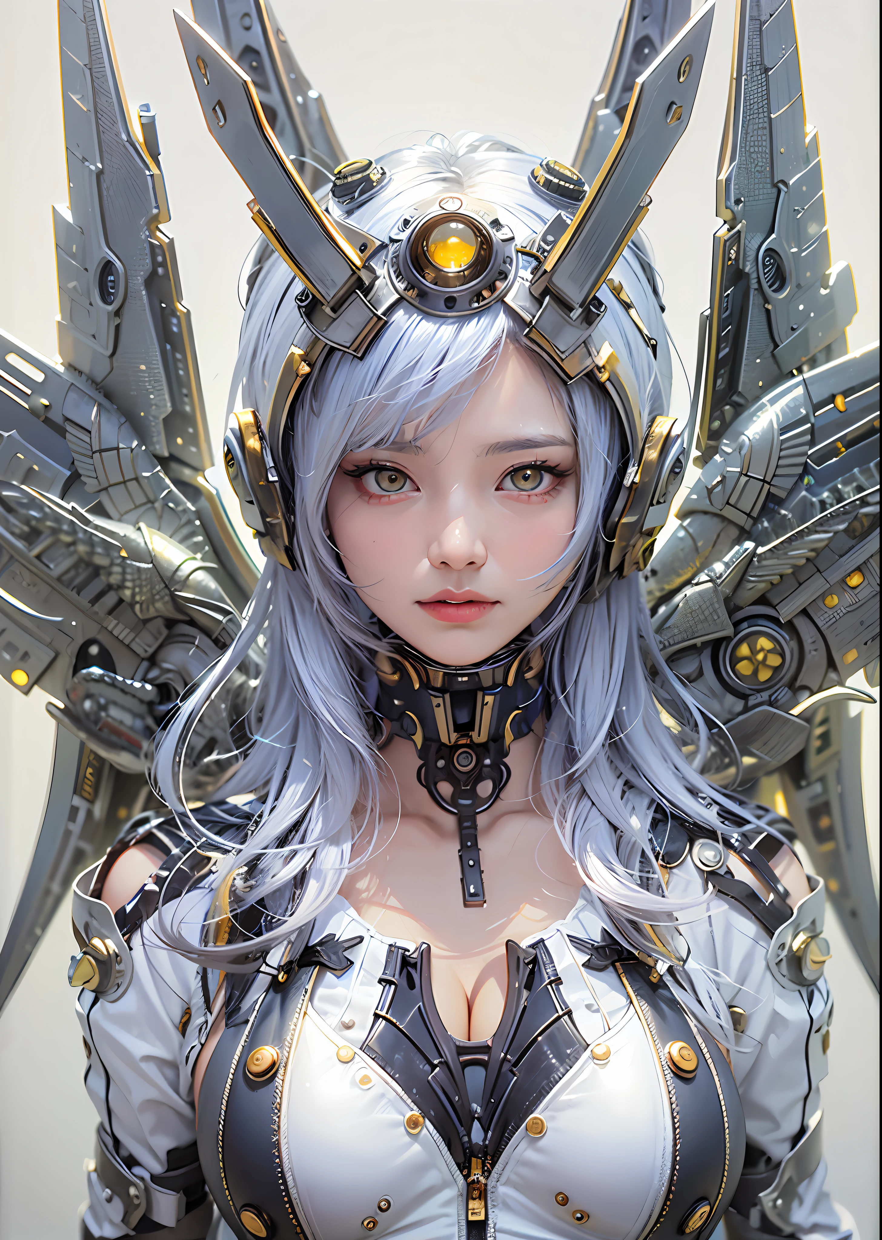 top-quality、masterpiece、超A high resolution、(Photorealsitic:1.4)、Raw photo、Steampunk Battle Cyborg Angel、large wings made of metal、White porcelain body、Acrylic Clear Cover、white hair、glowy skin、1 Cyborg Girl、((super realistic details))、portlate、globalillumination、Shadow、octan render、8K、ultrasharp、character edge light,Colossal tits、Raw skin is exposed in cleavage、Details of complex ornaments、Sumerian details、Hydraulic cylinder、Small LED lamp、highly intricate detail、Realistic light、a purple eye、radiant eyes、Facing the camera、neon details、cowboy shot、Futuristic headgear、About Cyberpunk、、