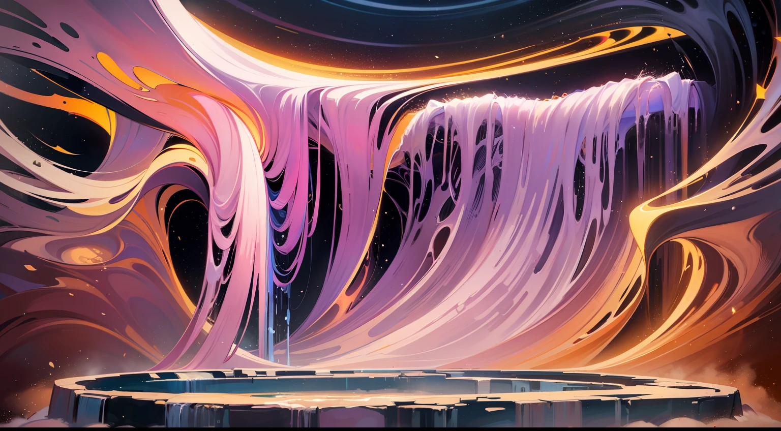 art by John T. Biggers , (art by Abraham Rattner:1.2), Abstract, Long exposure of a Chic "The Waterfall of Chaos", at Nighttime, Happy, broad lighting, Depth of field 270mm, Vivid Colors, White dust particles, trending on artstation