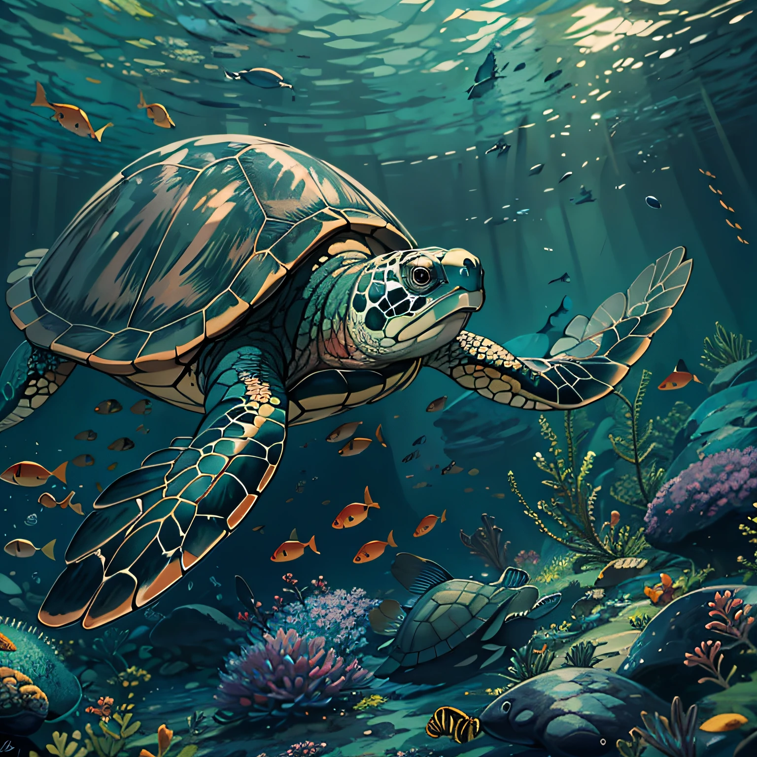 A turtle,catfish，Under water， hyper HD, Masterpiece, High quality