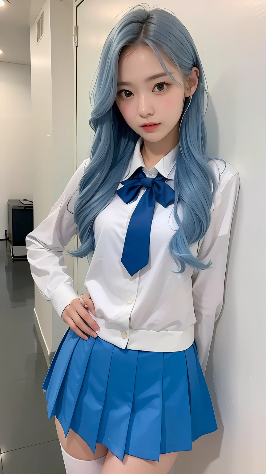 （best qualtiy，4K，tmasterpiece：1.2），Pretty women，1girll，Raised sexy：1.1，lightblue hair：1.1，Woman in school uniform，Soaked school clothes，Super detailed face，Detailed lips，A detailed eye，二重まぶた，Blue mini skirt white stockings，Stand up