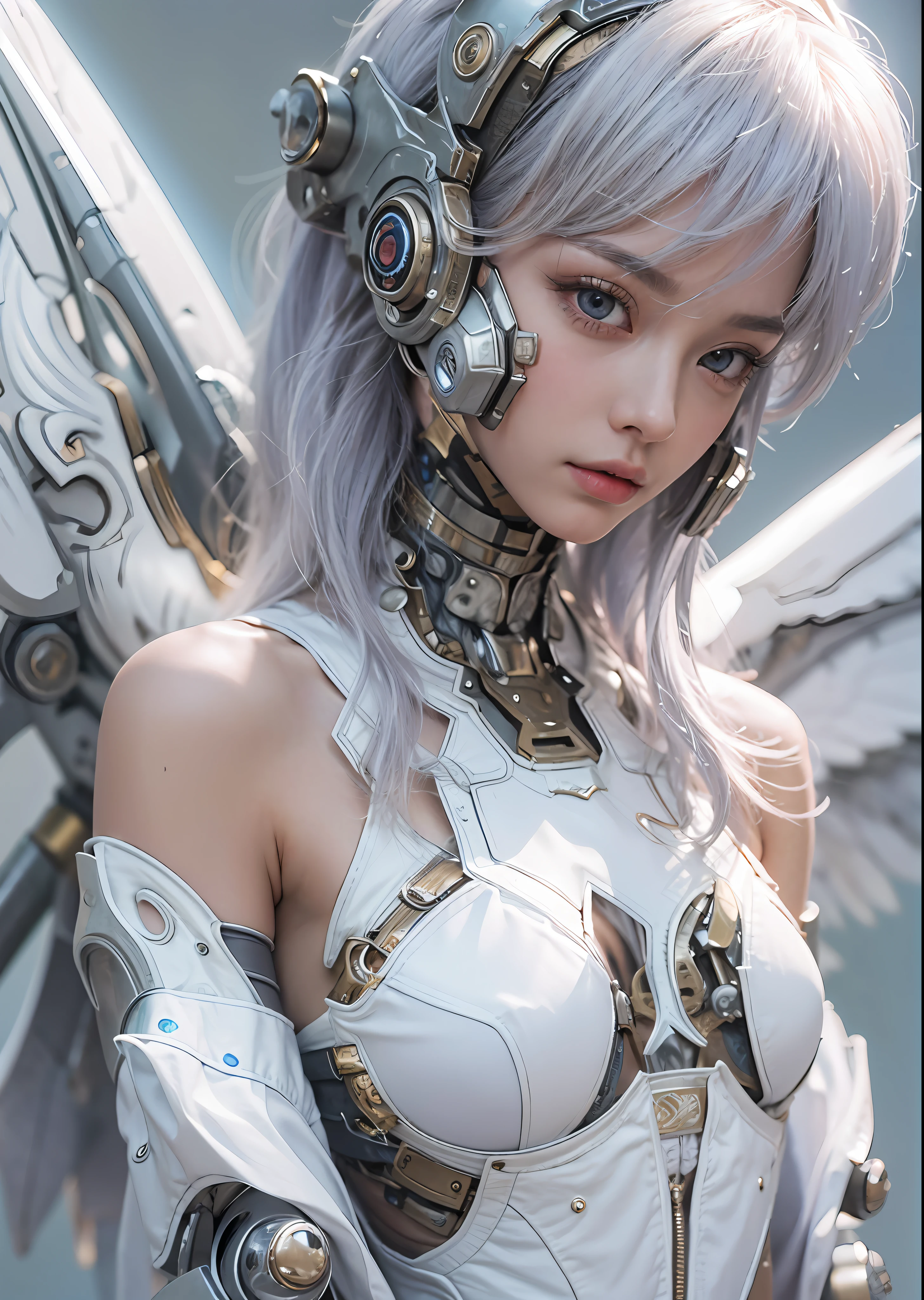 top-quality、masterpiece、超A high resolution、(Photorealsitic:1.4)、Raw photo、Steampunk Battle Cyborg Angel、large wings made of metal、White porcelain body、white hair、glowy skin、1 Cyborg Girl、((super realistic details))、portlate、globalillumination、Shadow、octan render、8K、ultrasharp、character edge light,Colossal tits、Raw skin is exposed in cleavage、Details of complex ornaments、Acrylic Clear Cover、Sumerian details、Hydraulic cylinder、Small LED lamp、highly intricate detail、Realistic light、a purple eye、radiant eyes、Facing the camera、neon details、cowboy shot、Futuristic headgear、About Cyberpunk、、