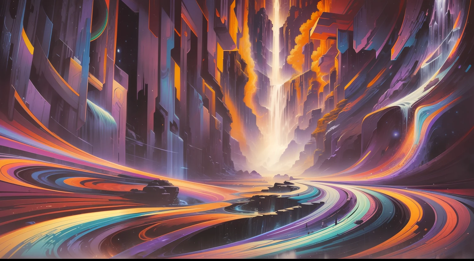 art by John T. Biggers , (art by Abraham Rattner:1.2), Abstract, Long exposure of a Chic "The Waterfall of Chaos", at Nighttime, Happy, broad lighting, Depth of field 270mm, Vivid Colors, White dust particles, trending on artstation