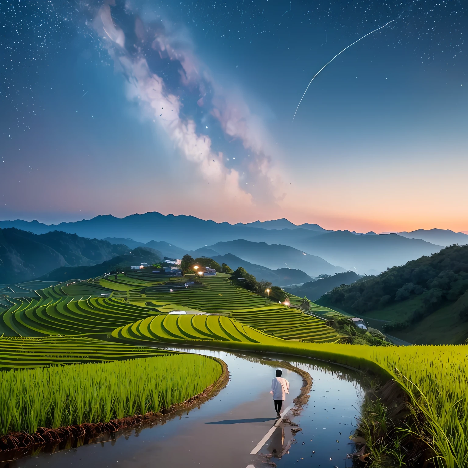 countryside、Walking alone on a ridge road in a rice field、Looking up at the night sky, the sky is full of stars、shoun、aquarelle
