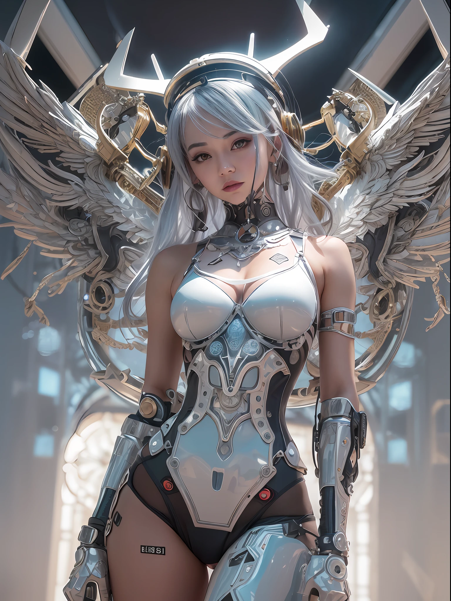 top-quality、tmasterpiece、超A high resolution、(Photorealsitic:1.4)、RAW photo、Steampunk robot angel、Large wing made of metal、White porcelain body、Acrylic transparent cover、whaite hair、glowy skin、1 Cyborg Girl、((Super realistic details))、porate、globalillumination、black shadows、octan render、8K、ultrasharp、Character edge light,Colossal tits、Raw skin is exposed in cleavage、Details of complex ornaments、Sumerian details、Hydraulic cylinder、small led lights、highly intricate detail、Realistic light、a purple eye、Radiant eyes、Facing the camera、neon light detail、cow boy shot、Futuristic headgear、Floor plan about the《cyber punk perssonage》、、huge tit,36d,Bigchest,Raised sexy,Cocked buttocks,Hot,Bigchest,cleavage,Big tits,A detailed,Cocked buttocks:1.2,