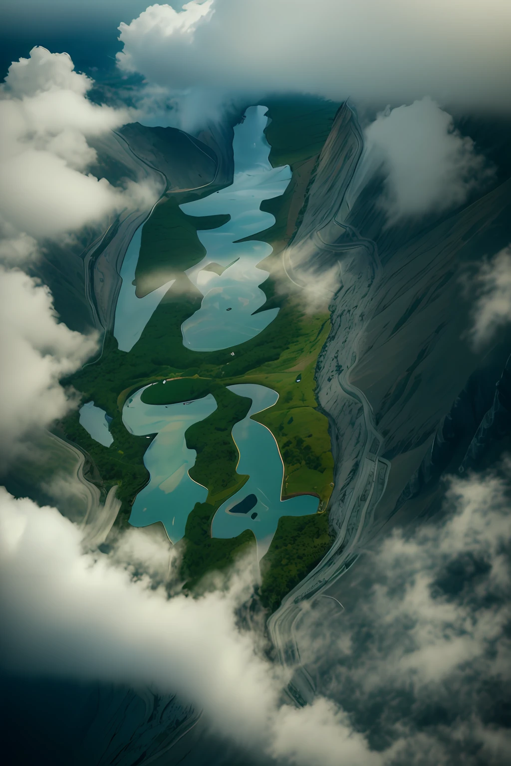 mountain water,rios,Meandering,Clouds,(Complicated details),hdr,(Complicated details,hyperdetailed:1.2),Cinema lenses,Vignette,at centre