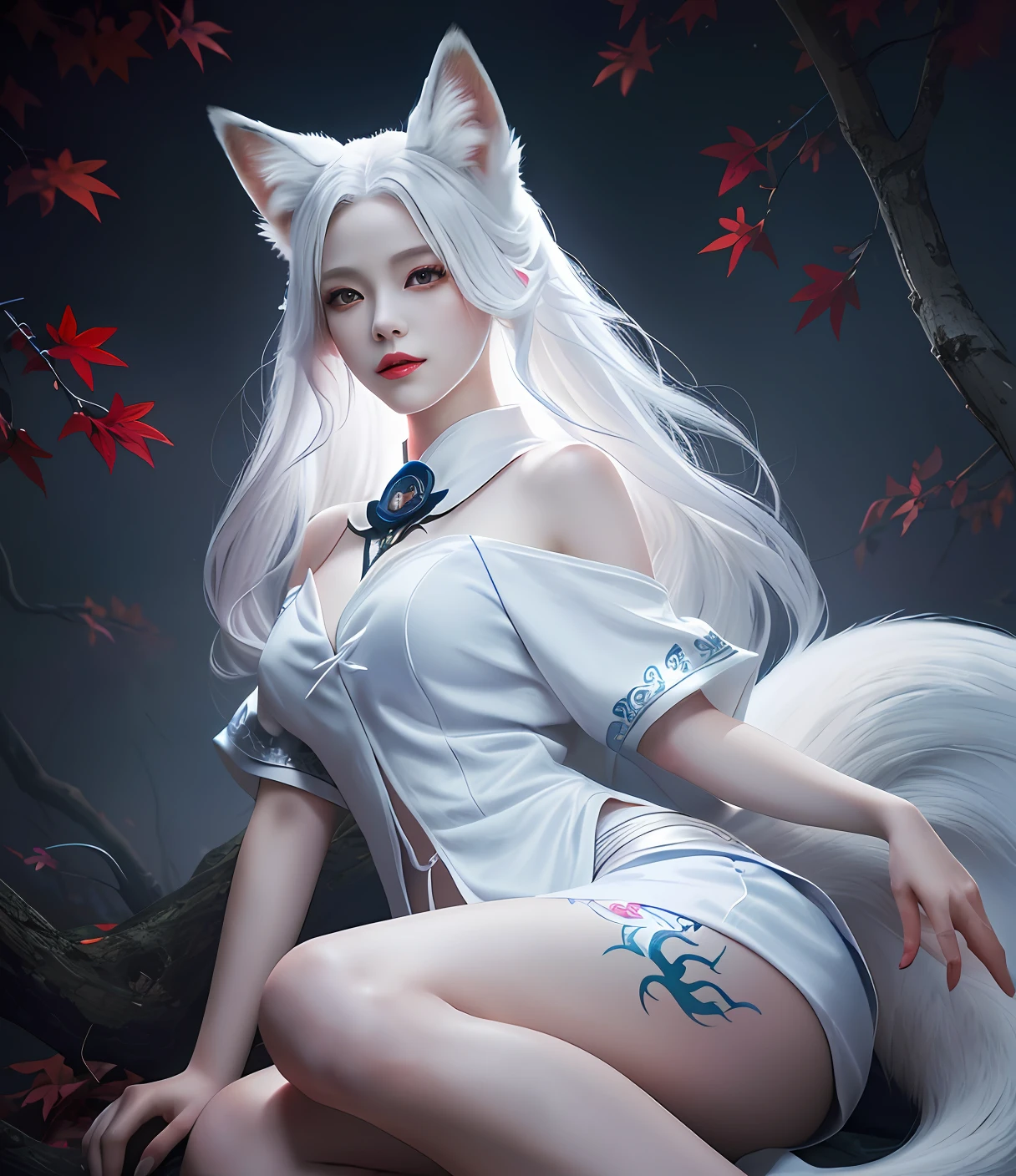 Fox ears white hair girl,full bodyesbian,Painting of a fox with white hair sitting on a branch,ethereal fox,nine tail fox,Fox three-tailed fox,Onmyoji detailed art,Nine tails,A beautiful artwork illustration,mythological creatures,red fox,Beautiful digital artwork,Exquisite digital illustration,mizutsune , Inspired by the mythical creature wildnet,Digital art on Pixiv,strong lights,hight contrast,Horror movie theme,Dark atmosphere