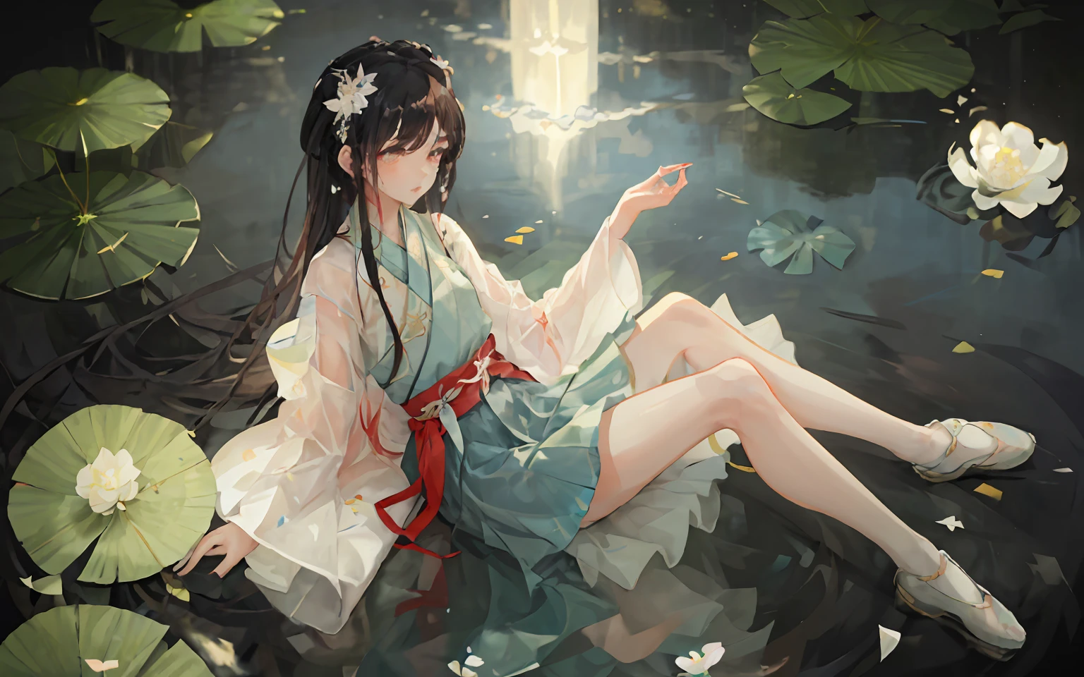 Light blue Hanfu,A woman who is,Cold,White skin of the,flower sea,ponds,Petals float on the water,lilie,鎖骨,eye closeds,Half immersed in water,Dark background,rays of moonlight,Hairpins,Yupei,Hanfu,exquisite face, hair adornments, rosy lips, a skirt, obi strip, jewelry,long whitr hair, 耳Nipple Ring, , Strands of hair,Perfect body proportion,dampness,slender leg,Bridges,