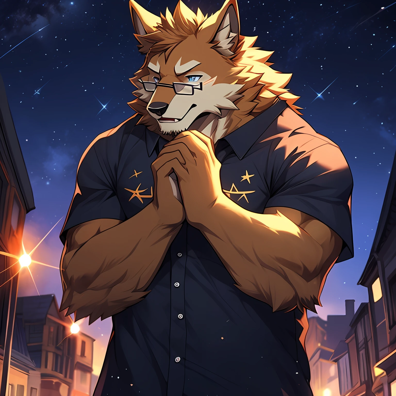 (A golden male werewolf,Golden fur and glasses stand on the city streets under the stars at night:1.2),(male people),Azure pupils,had his hands folded,Close your eyes slightly,Prayer is prayer prayer religiously,the corners of your mouth rise slightly,He wears a blue short-sleeved shirt,is an astrologer,He is very fond of astrology,Has a deep love for the stars,He has several dark red stripes on his cheeks,extremy detailed,detailedbackground,Extremely beautiful starry sky background extremely detailed,starrysky,由Null-Ghost:0.7 brought,Handsome,sbeard
