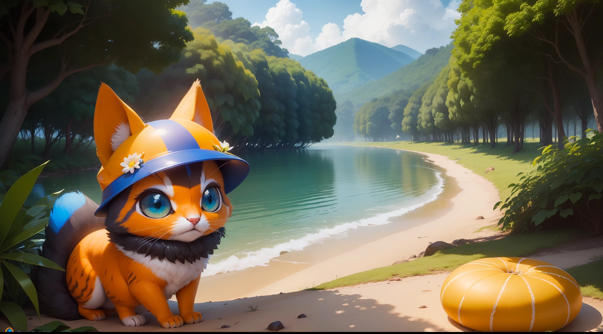 (((obra-prima))), melhor qualidade, raposa fofa de olhos abertos de cor laranja com um cachecol azul grande, floresta fofa e com arvores altas. Create ebook for 5-year-olds.