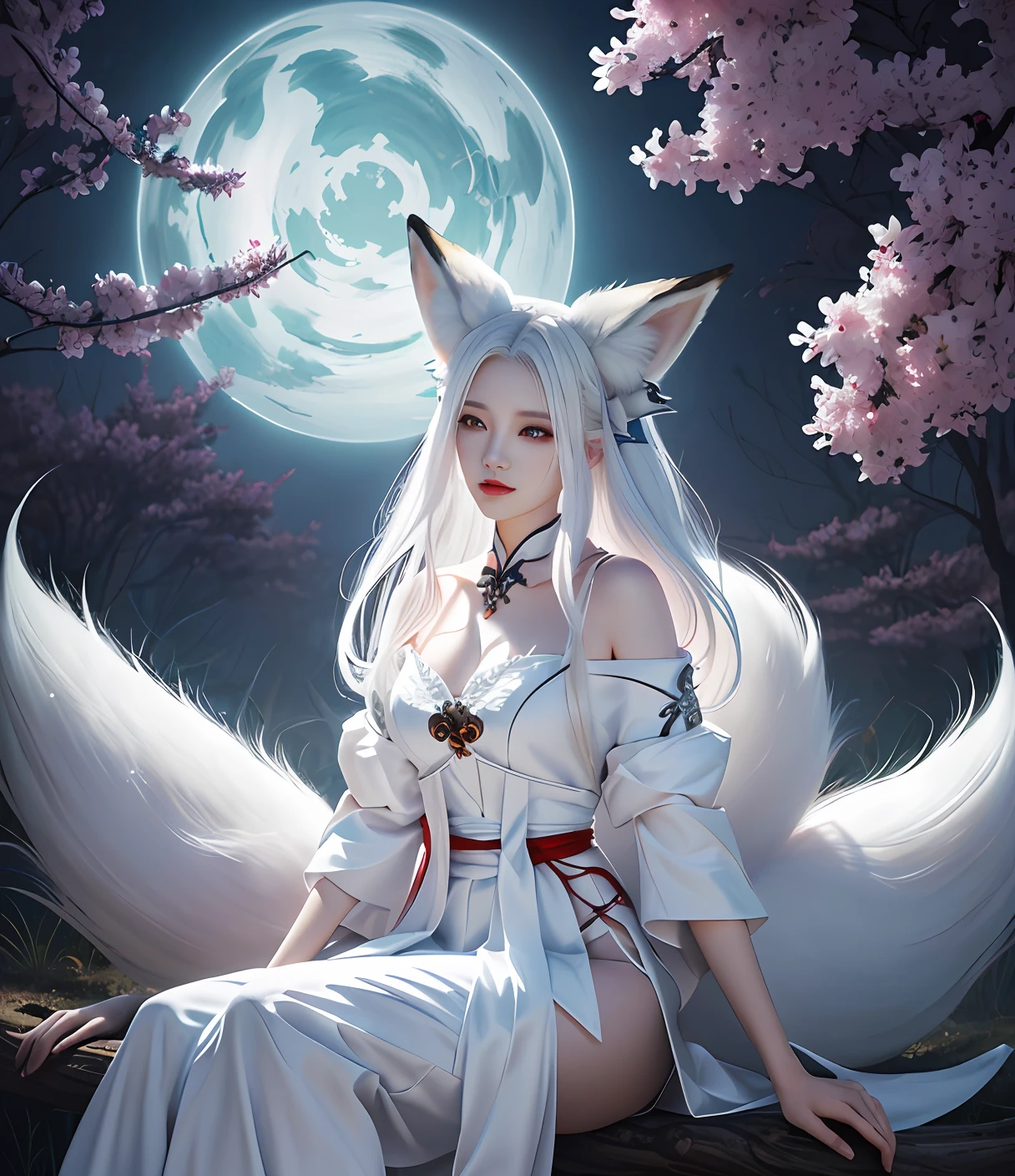 Fox ears white hair girl,full bodyesbian,Painting of a fox with white hair sitting on a branch,ethereal fox,nine tail fox,Fox three-tailed fox,Onmyoji detailed art,Nine tails,A beautiful artwork illustration,mythological creatures,red fox,Beautiful digital artwork,Exquisite digital illustration,mizutsune , Inspired by the mythical creature wildnet,Digital art on Pixiv,strong lights,hight contrast,Horror movie theme,Dark atmosphere