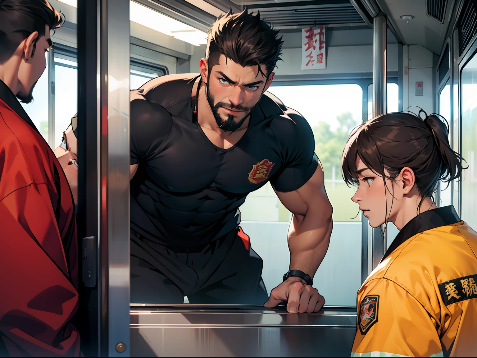 realisticlying, best qualtiy, tmasterpiece, 3 people, Delicate eyes, Detailed face, Inside a Japanese train, Single mature male, tall muscular guy, lbeard, fireman, Female physical education teacher