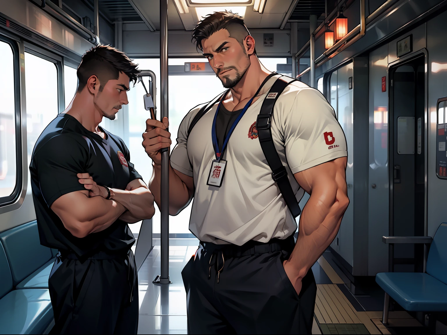 realisticlying, best qualtiy, tmasterpiece, 3 people, Delicate eyes, Detailed face, Inside a Japanese train, Single mature male, tall muscular guy, lbeard, fireman, Female physical education teacher