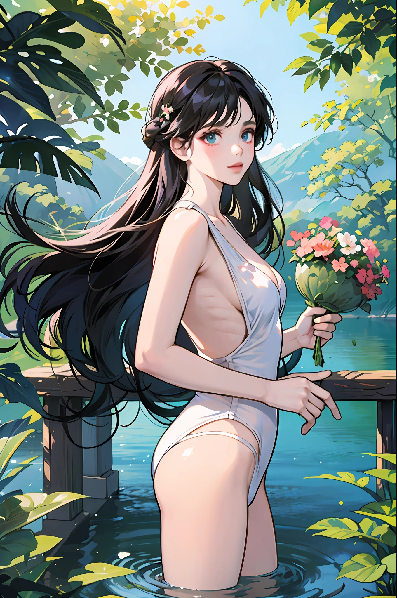 A woman dressed in a white swimsuit, Standing on a lake surrounded by trees and flowers, arte conceitual relaxante, por Li Song, por Yang J, a beautiful artwork illustration, serene illustration, natureza anime, anime exuberante john 8k madeiras, por Goro Fujita, Directed by: Atey Ghailan, natureza anime wallpap, arte de fundo, Atey Ghailan 8 K, Arte Lofi --auto