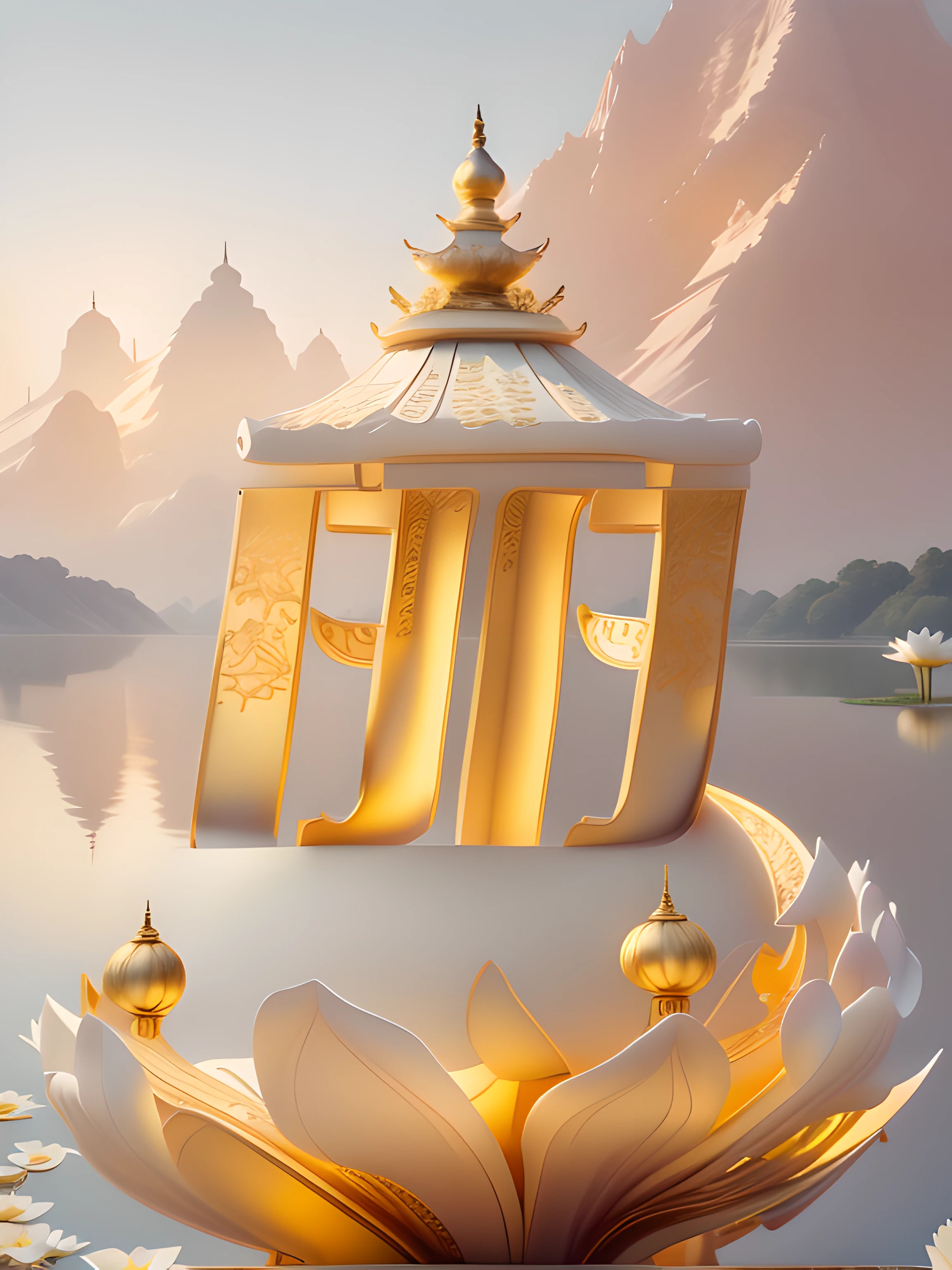 American character at the top of the background,simple backgound(West lake,lotuses),ultra - detailed,high qulity,filmposter, Ray traching,Beautiful Chinese style,Golden curves