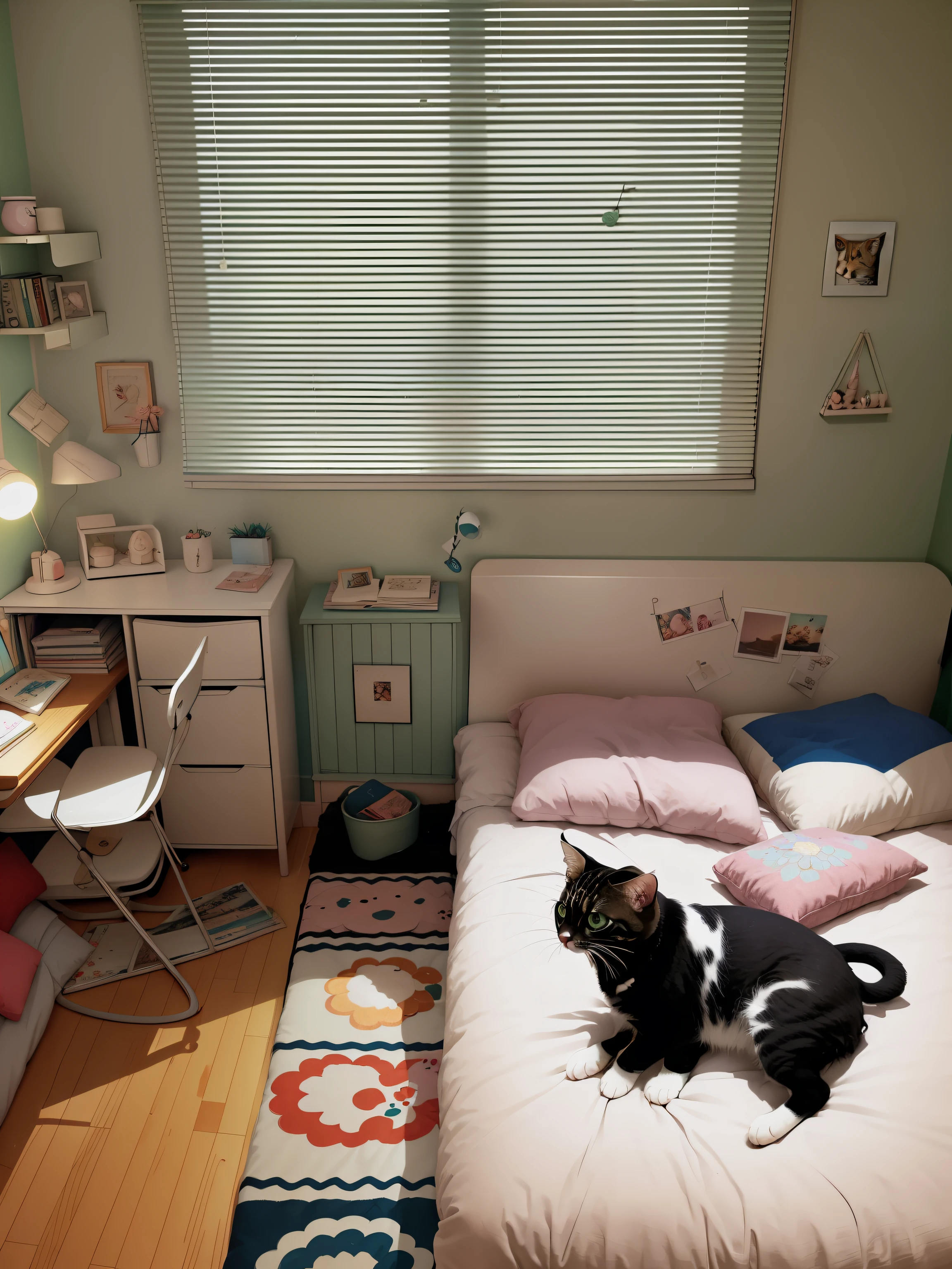 There is a bed in the bedroom,There is a kitten on it, Small room, cute room, cozy room, apartment of an art student, small room in tokyo, small bedroom, clean room, in small room, small and cosy student bedroom, studyng in bedroom, designed for cozy aesthetics!, a room, cozy environment, A bright room, 9 0 s bedroom